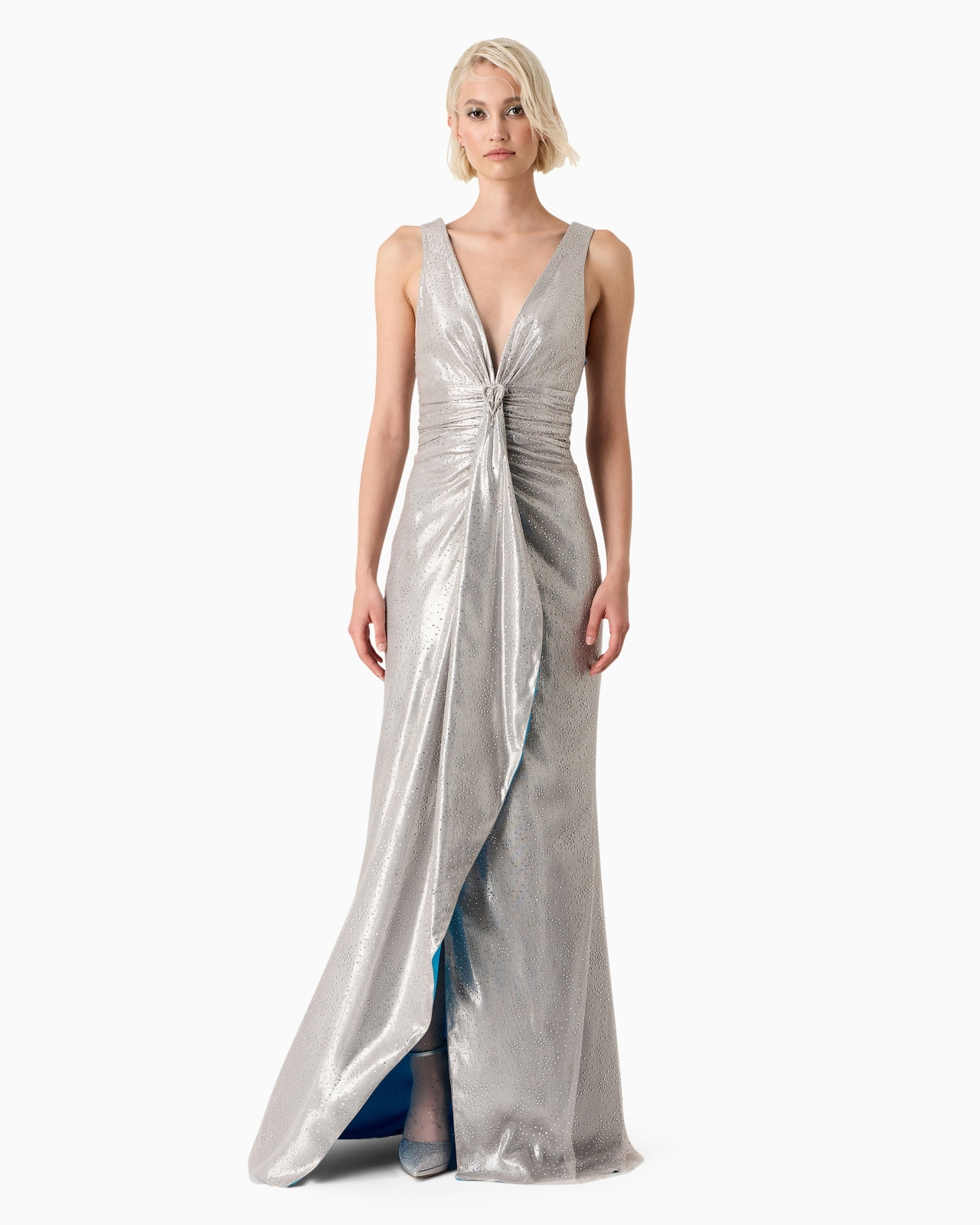 Lurex and tulle long dress with rhinestone embroidery - 2