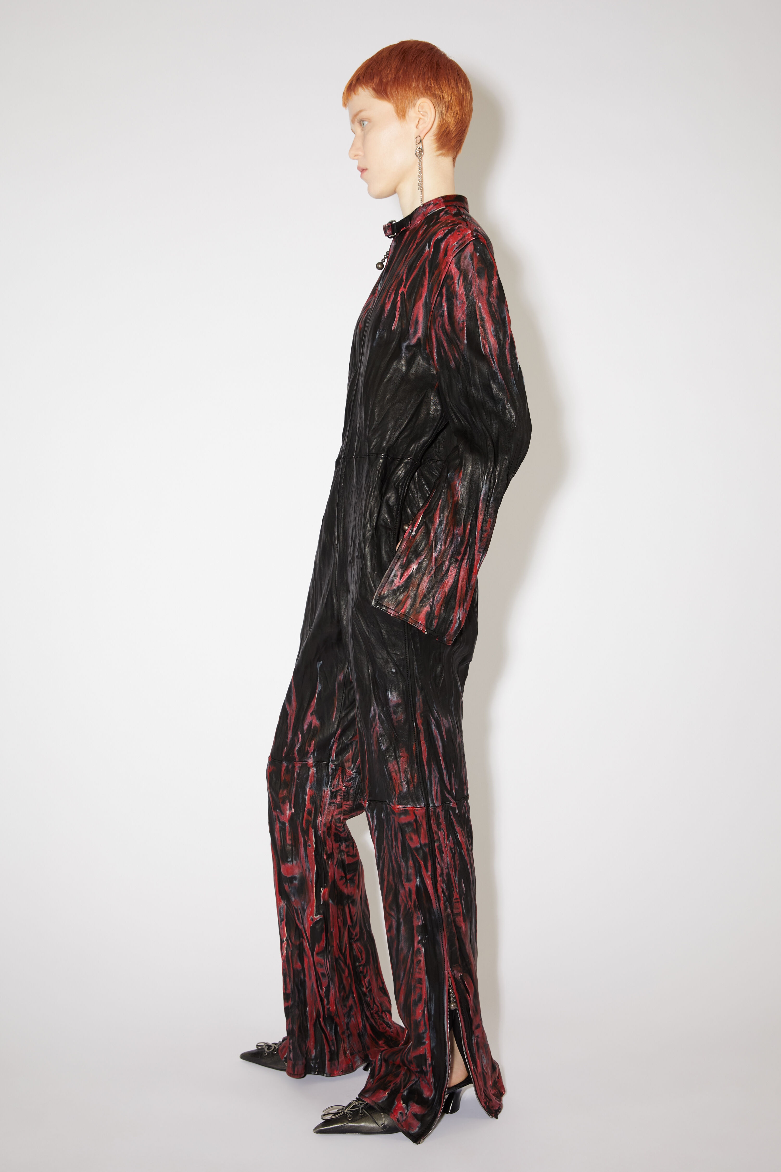 Creased leather jumpsuit - Black/red - 4