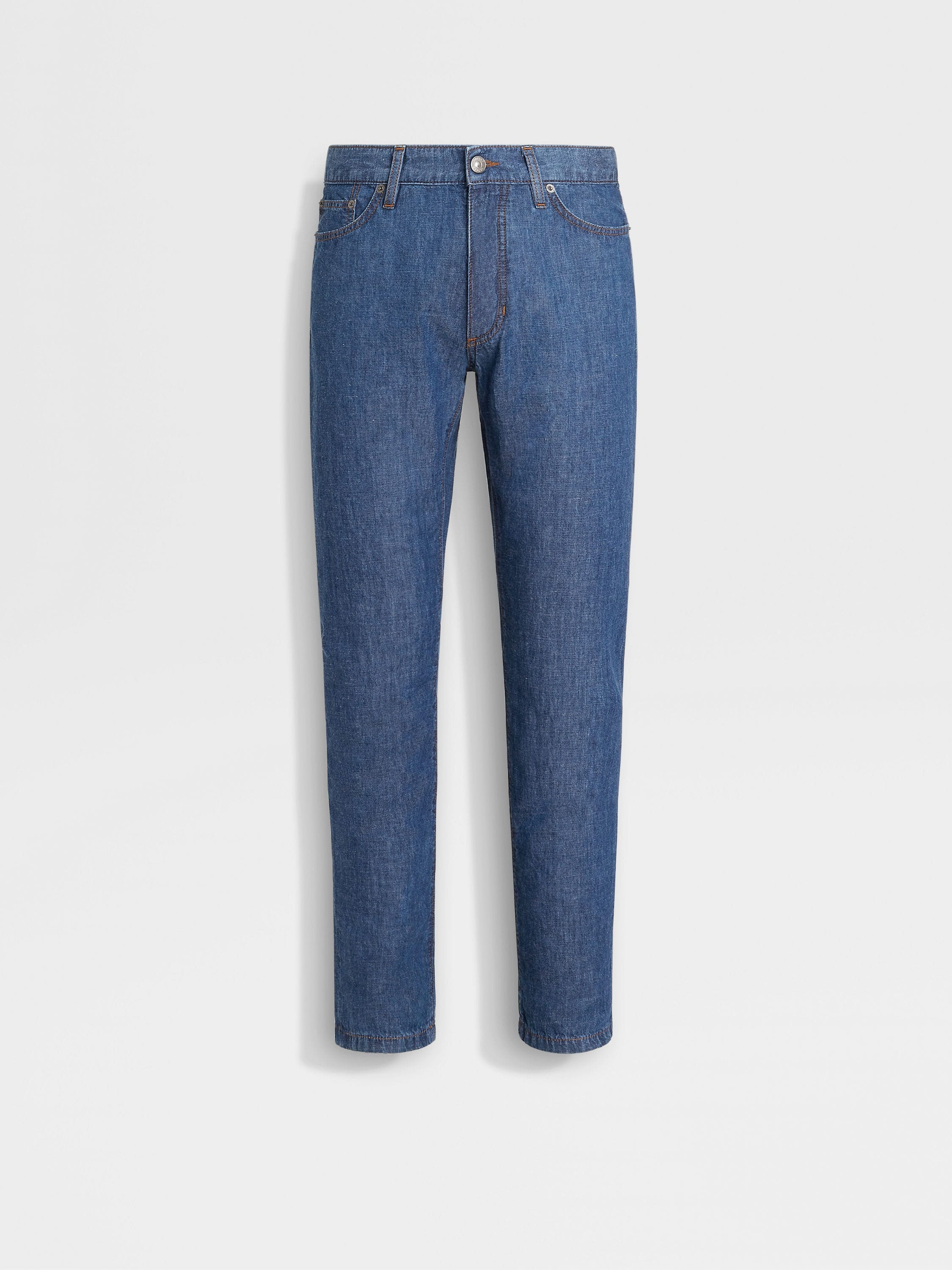 DARK BLUE BLEACHED COTTON AND LINEN ROCCIA JEANS - 1