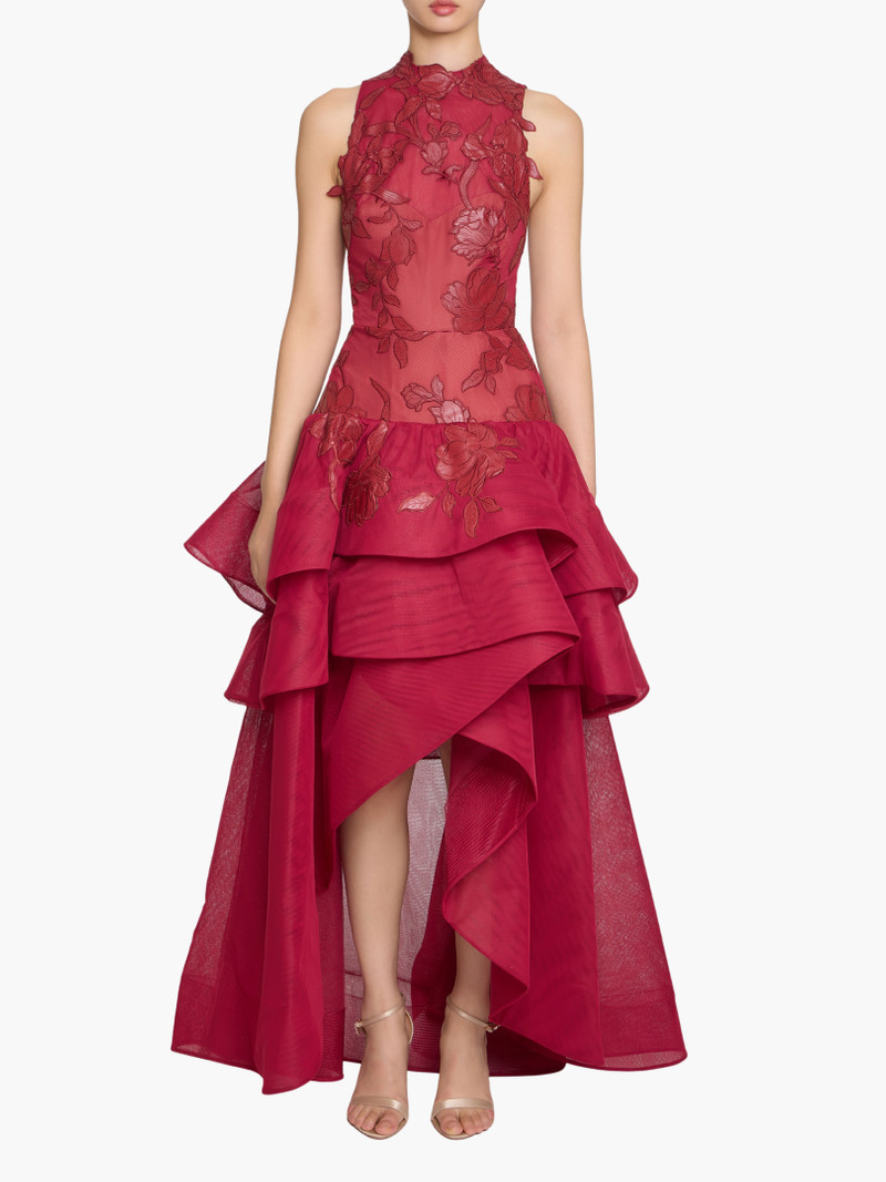 LEATHER GUIPURE HIGH NECK SLEEVELESS TIERED GOWN 1