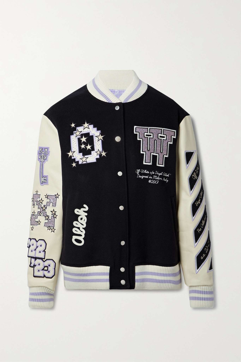 Appliquéd embroidered wool-blend and leather bomber jacket 1