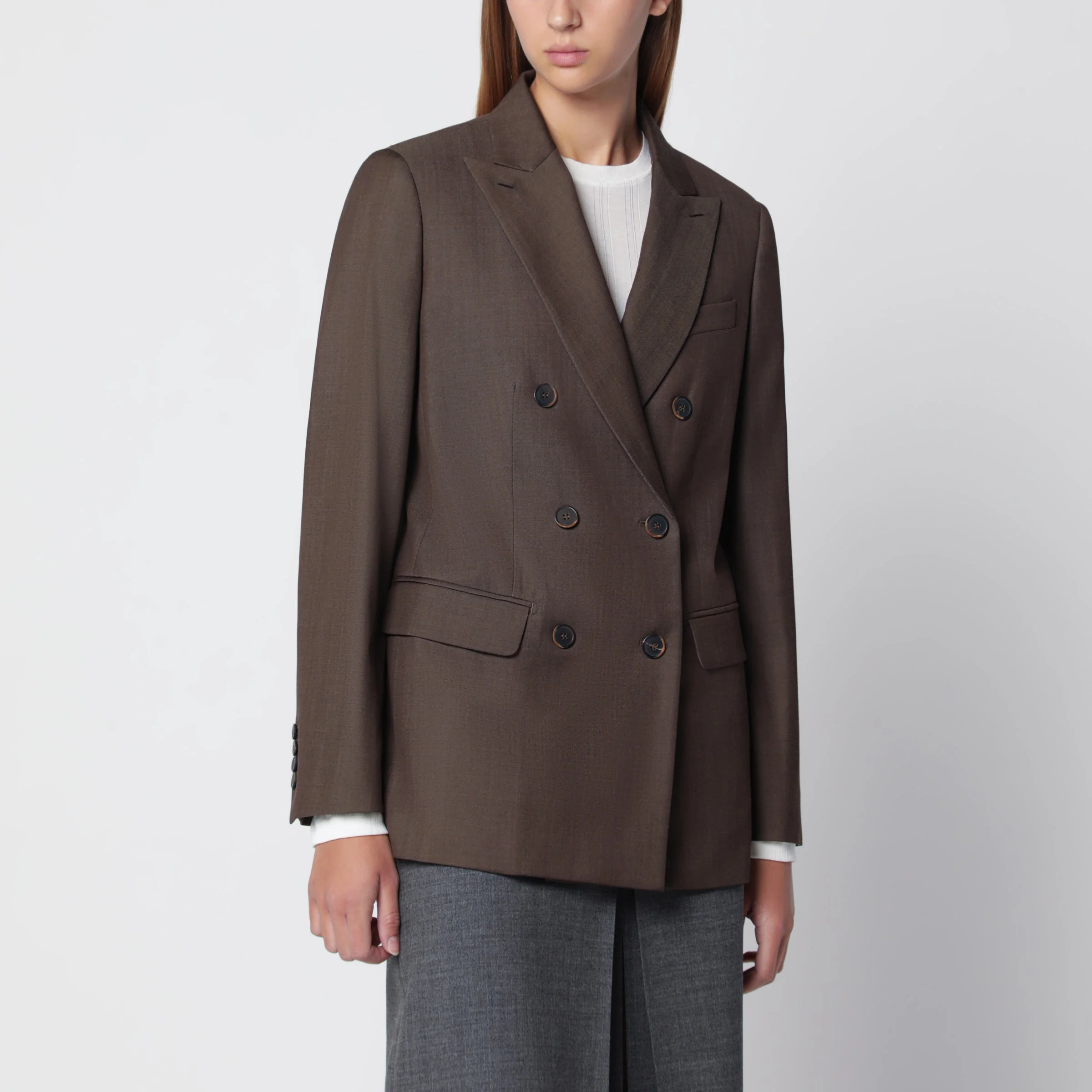 Leather brown double-breasted wool jacket - 1