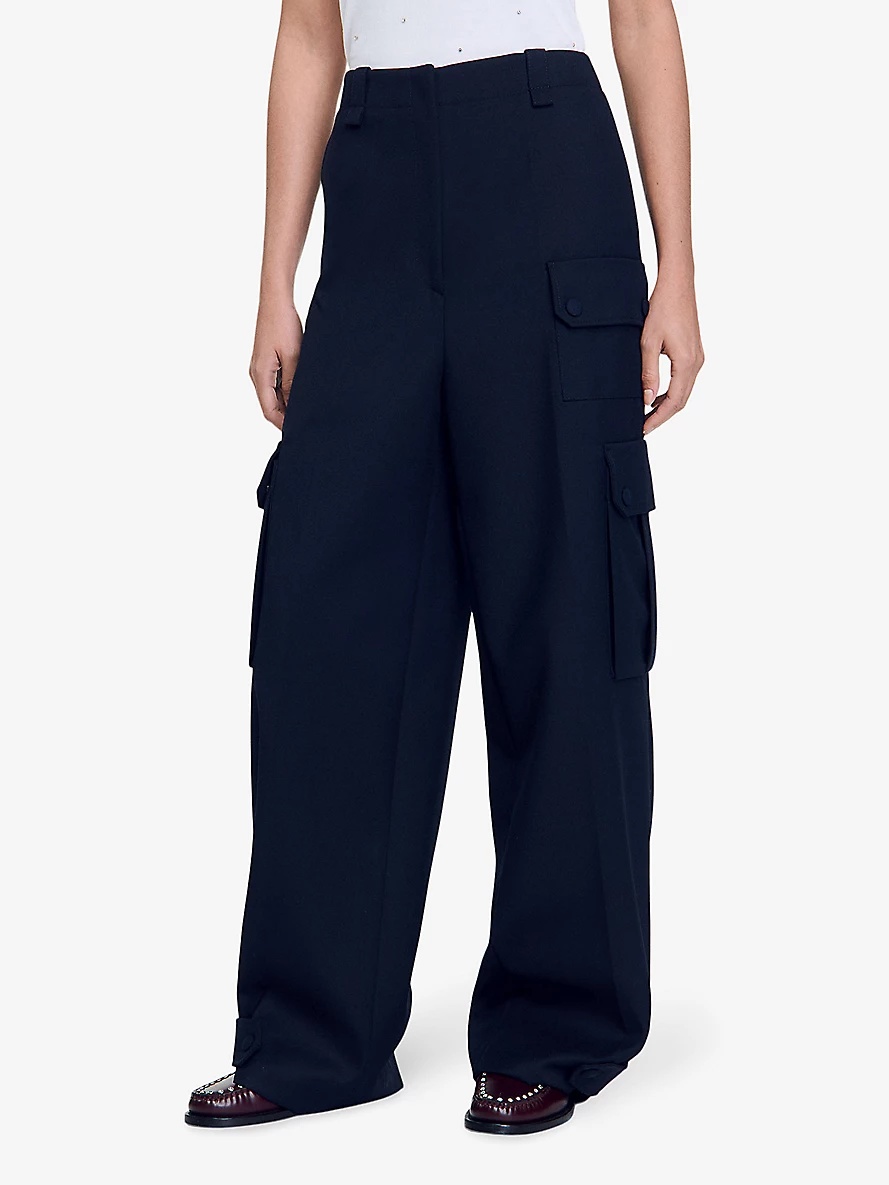 Multiple-pocket wide-leg wool-blend cargo trousers - 3