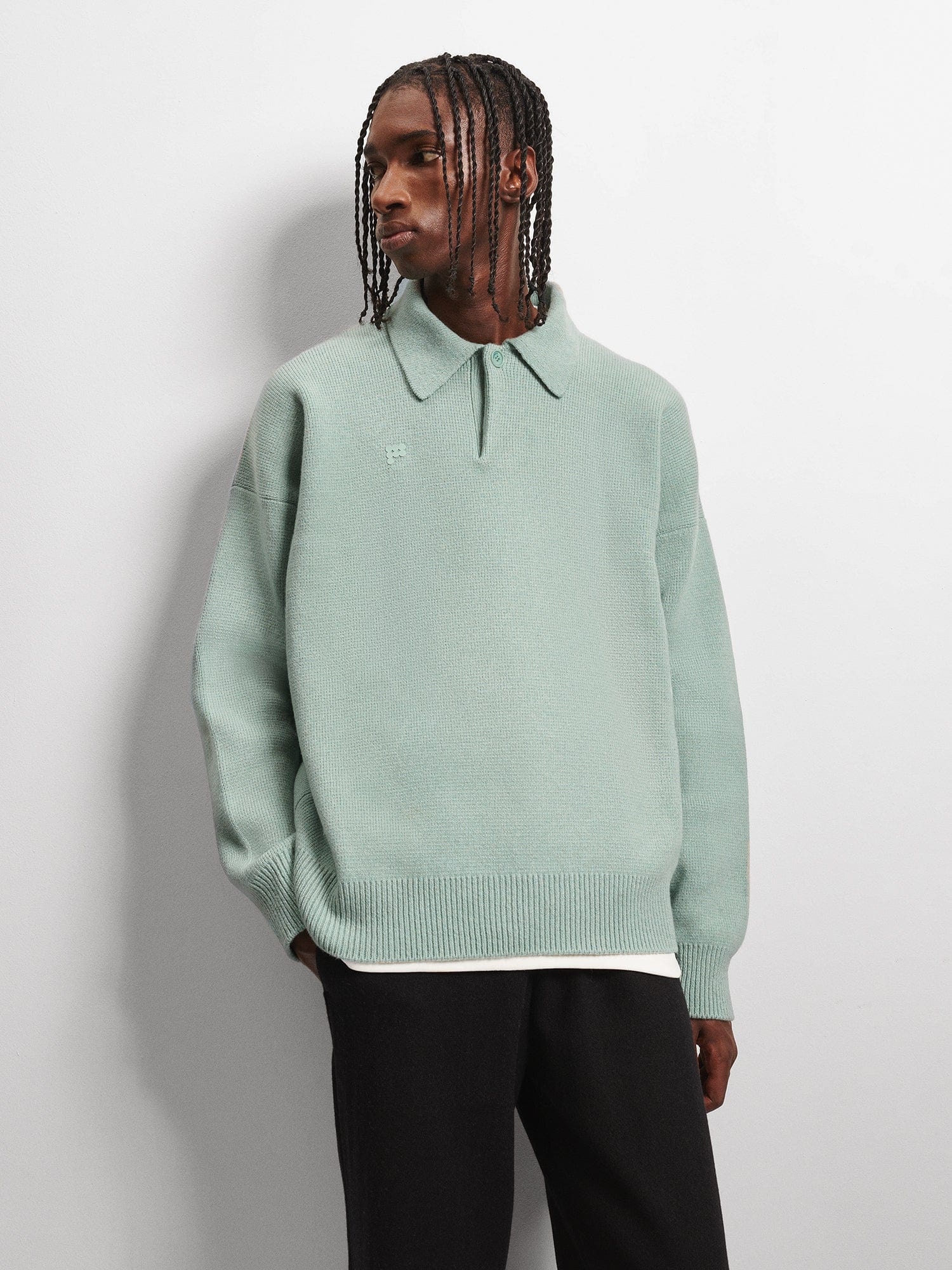 Mens Recycled Cashmere Polo Sweater - Eucalyptus Blue - 4