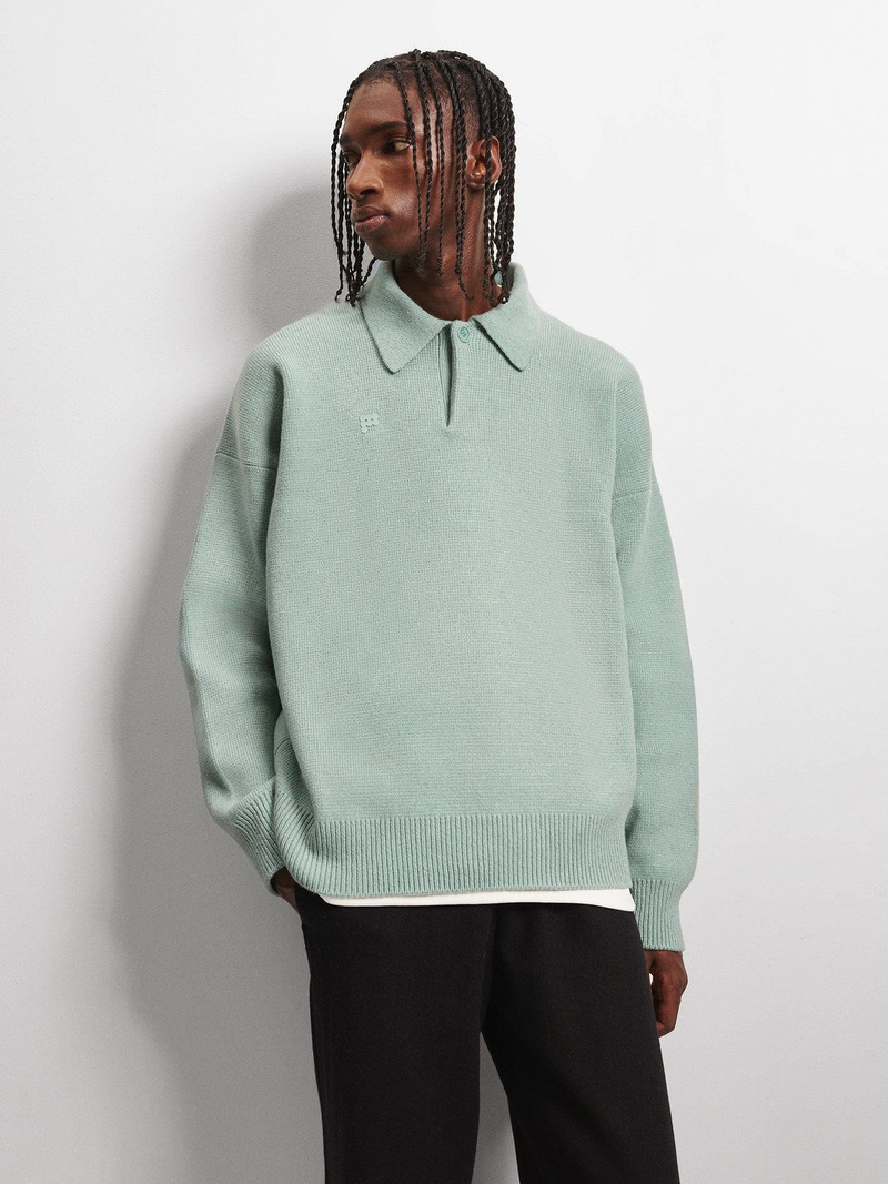 Mens Recycled Cashmere Polo Sweater - Eucalyptus Blue 4