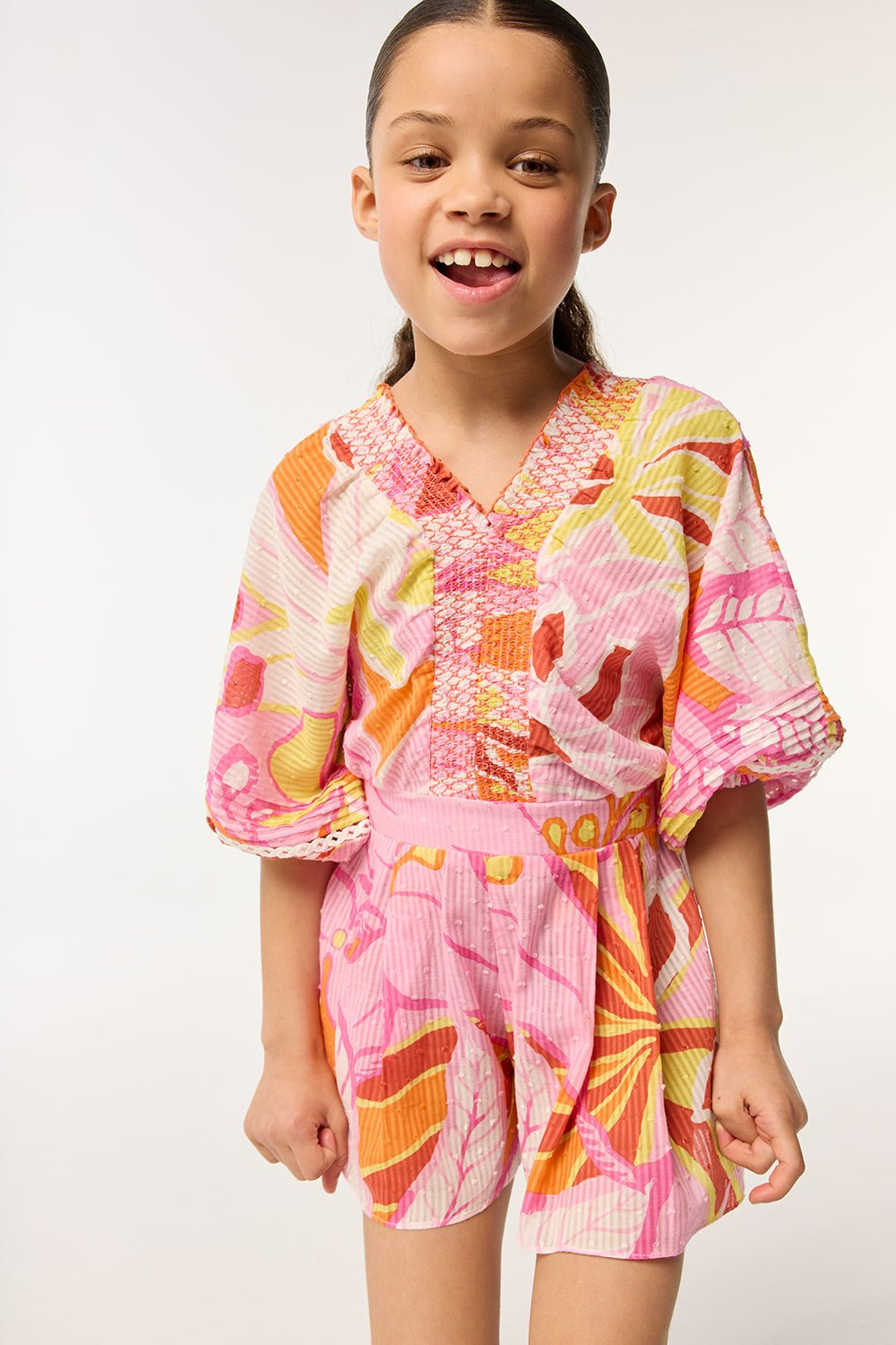 Short Jumpsuit Chantal for girls - Pink Macro Lilium - 3