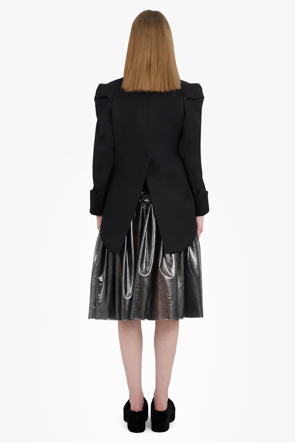 FOILED PRINT TULLE GATHERED MIDI SKIRT | SILVER/BLACK - 5