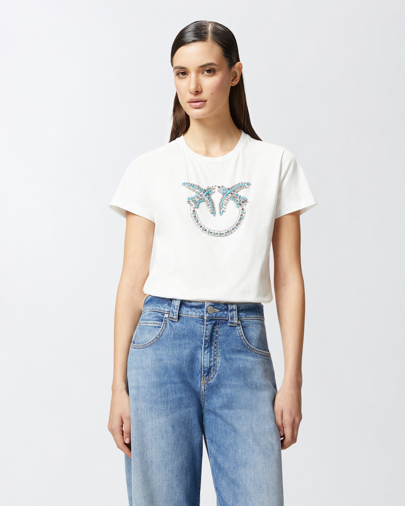 PINKO T-SHIRT WITH CRYSTAL-EMBROIDERED LOVE BIRDS LOGO outlook