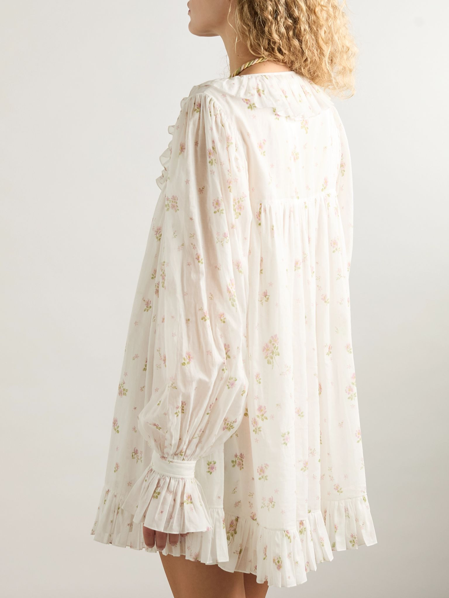 Ruffled floral-print cotton-voile mini dress White - 3