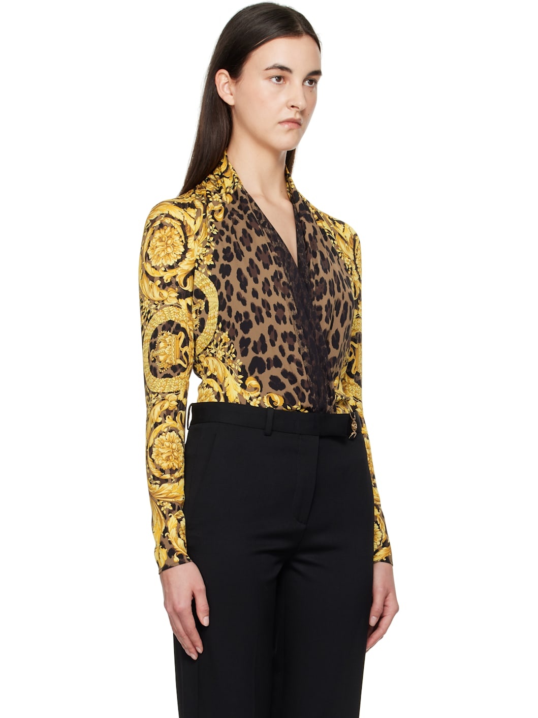 Black & Gold Wild Barocco Silk Draped Bodysuit - 2