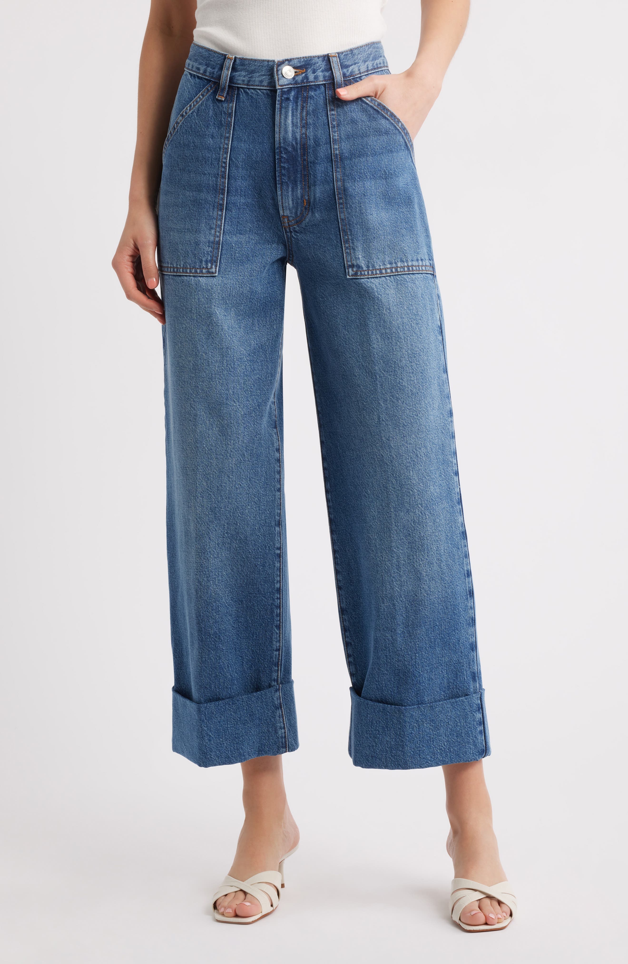 FRAME The Utility Cuff Wide Leg Jeans in Stranger at Nordstrom - 1