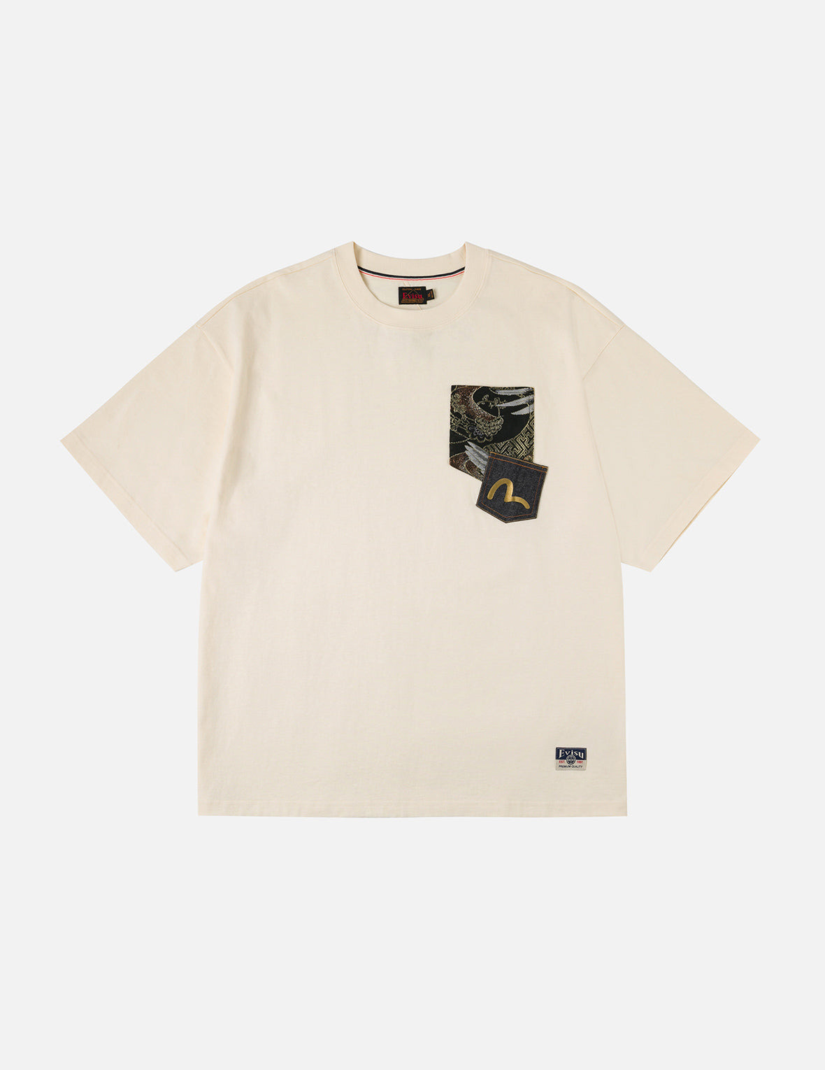Brocade Pocket with Seagull Foil Print Loose Fit T-Shirt - 3