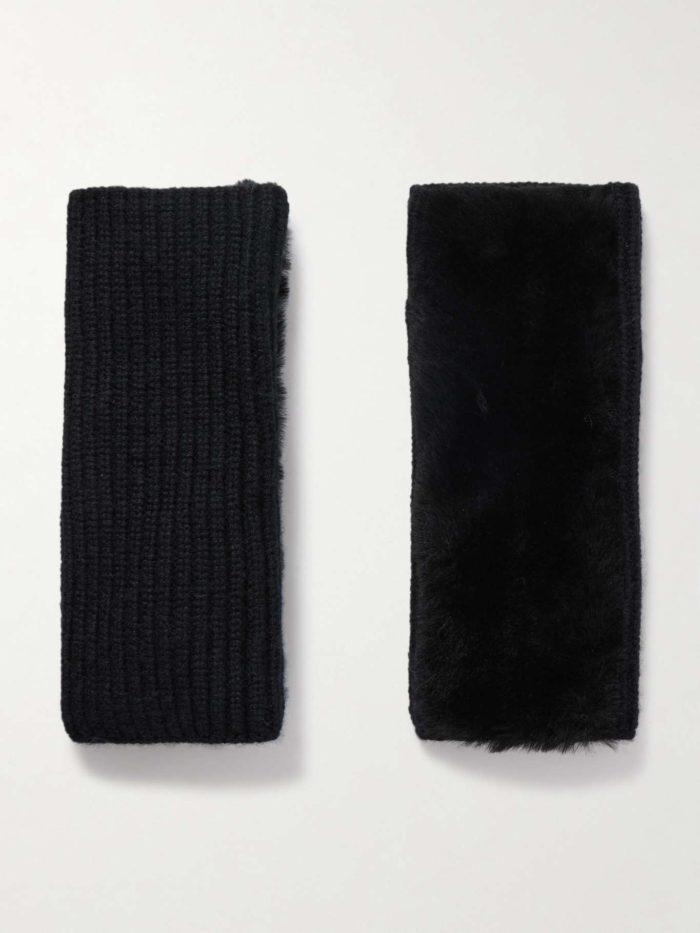 Shearling and ribbed wool and cashmere-blend fingerless gloves - 1