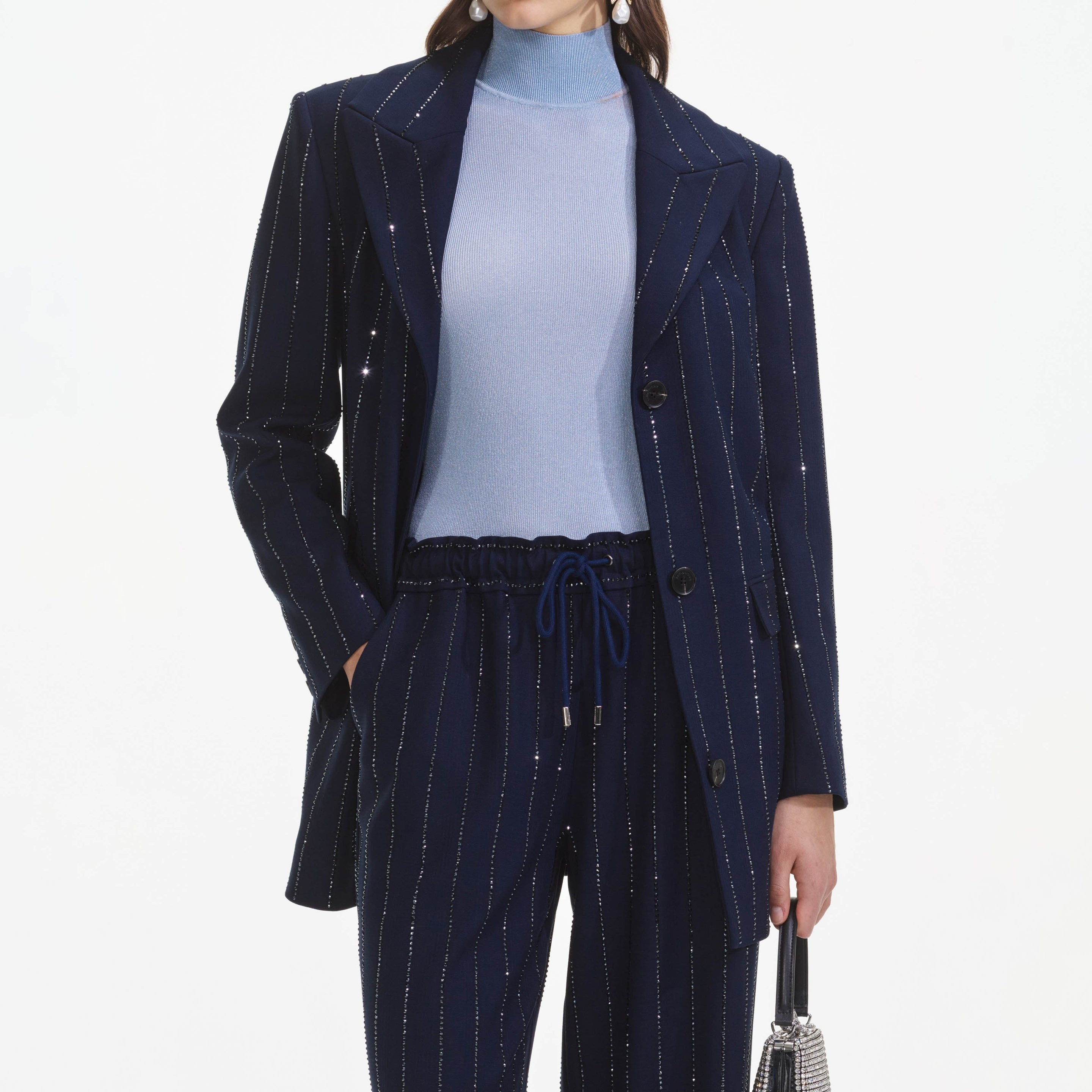 Navy Rhinestone Pinstripe Trousers - 5