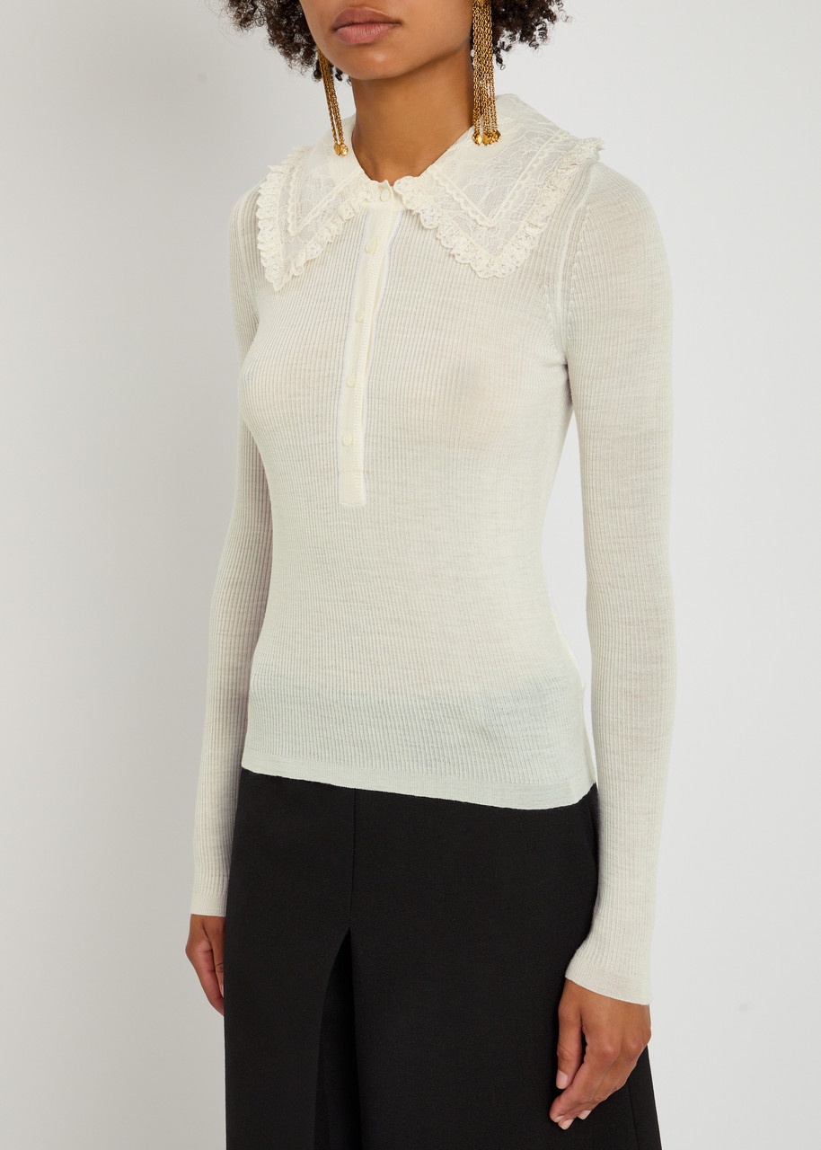 Chloe Ribbed Lace-trimmed Wool top - 2
