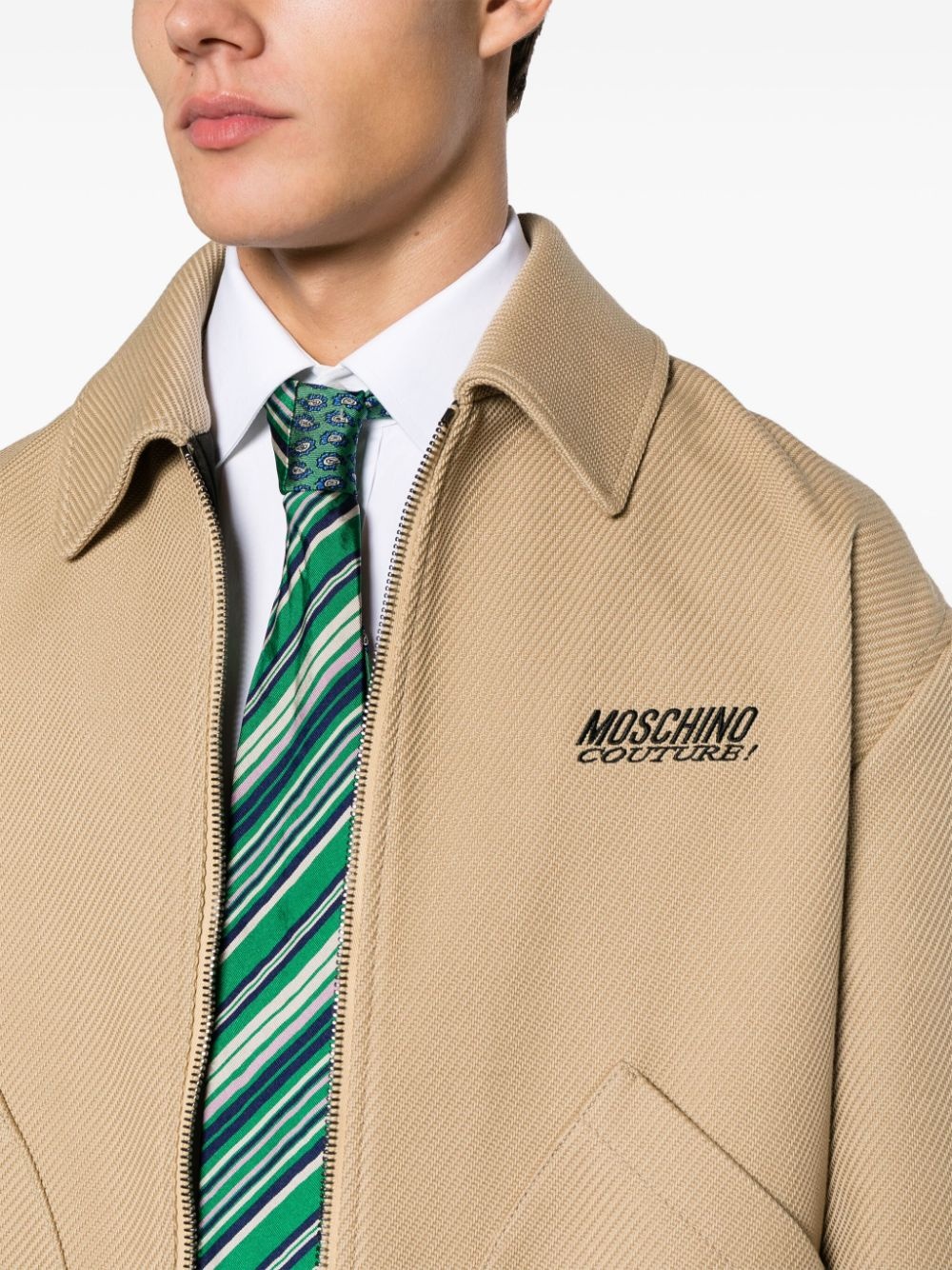 logo-embroidered herringbone shirt jacket - 5