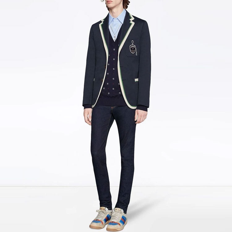 Gucci Jacquard-Motif V-Neck Jumper 'Navy' 545628XKABL - 2