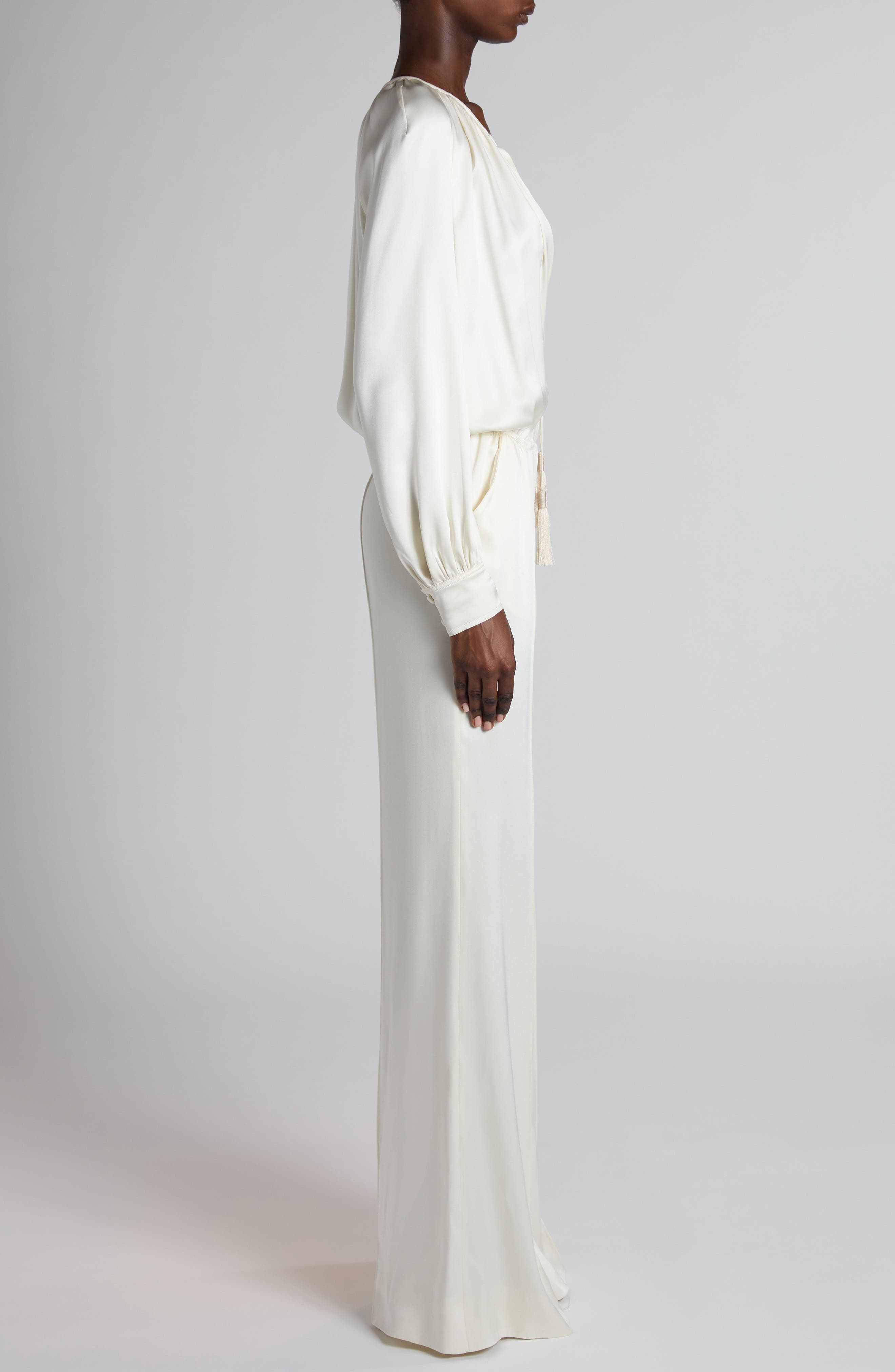 TOM FORD Tie Neck Long Sleeve Cady Jumpsuit in Crema White at Nordstrom - 3