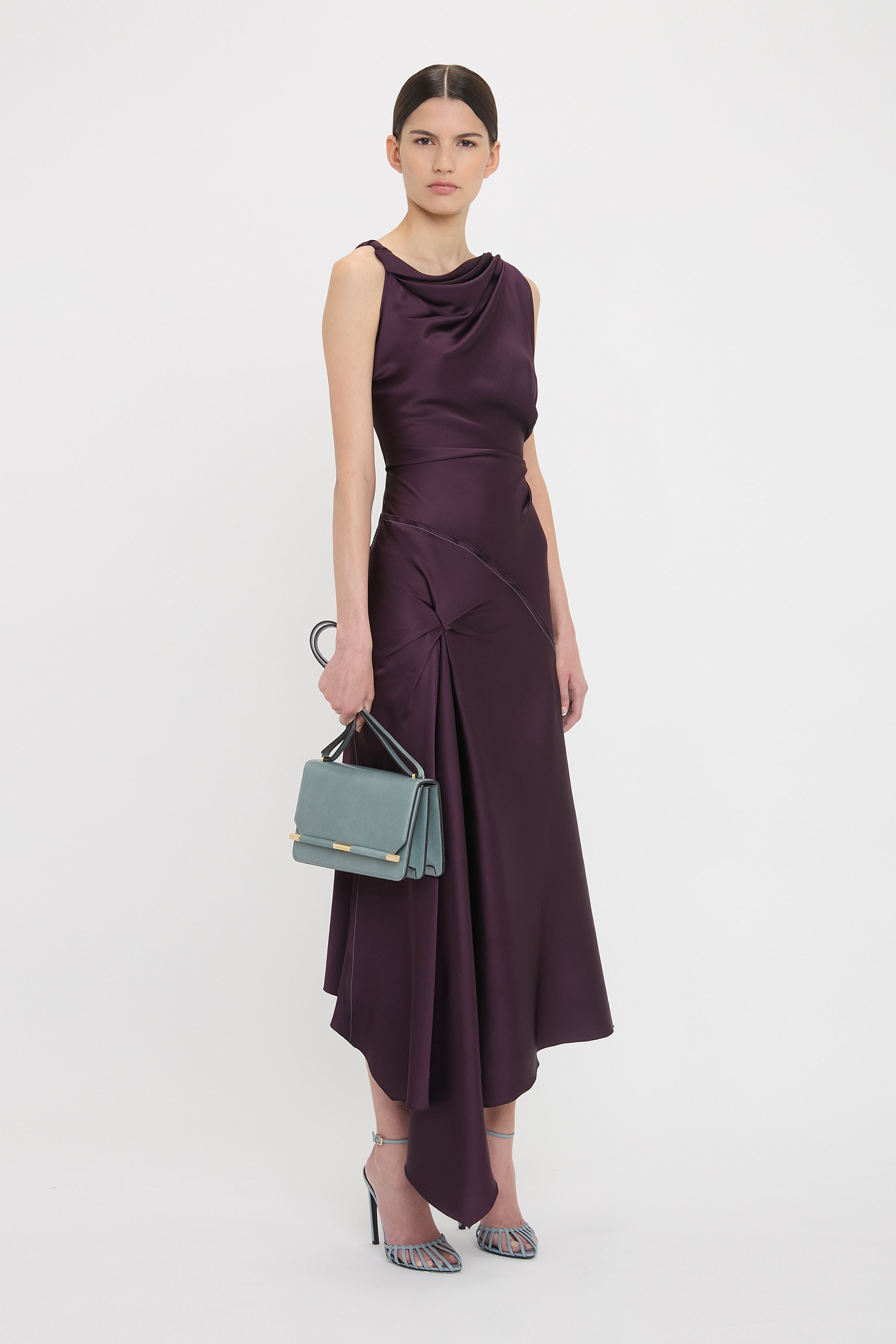 Asymmetric Draped Midi Dress In Fig - 3