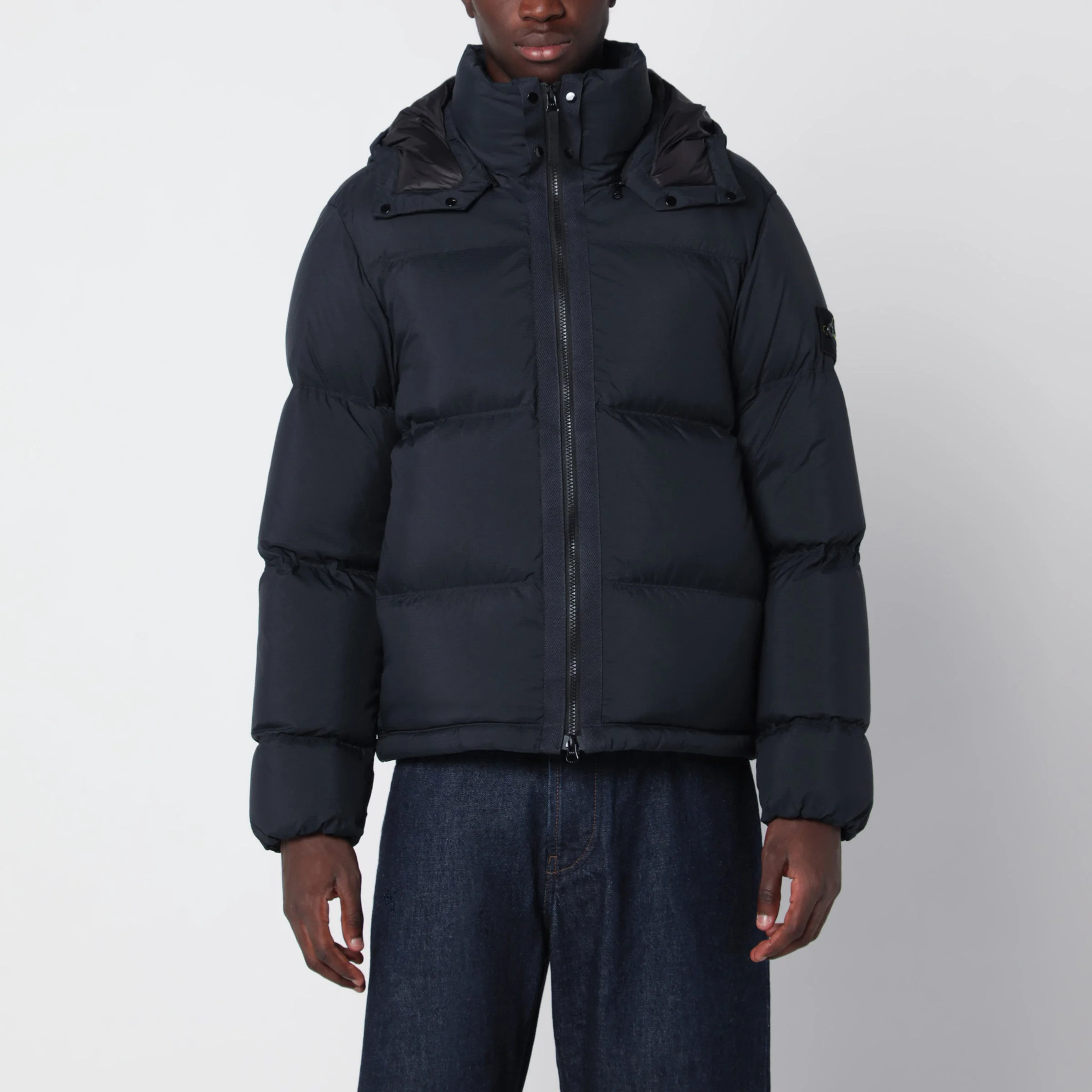Navy blue zip-up down jacket in ripstop nylon - 1