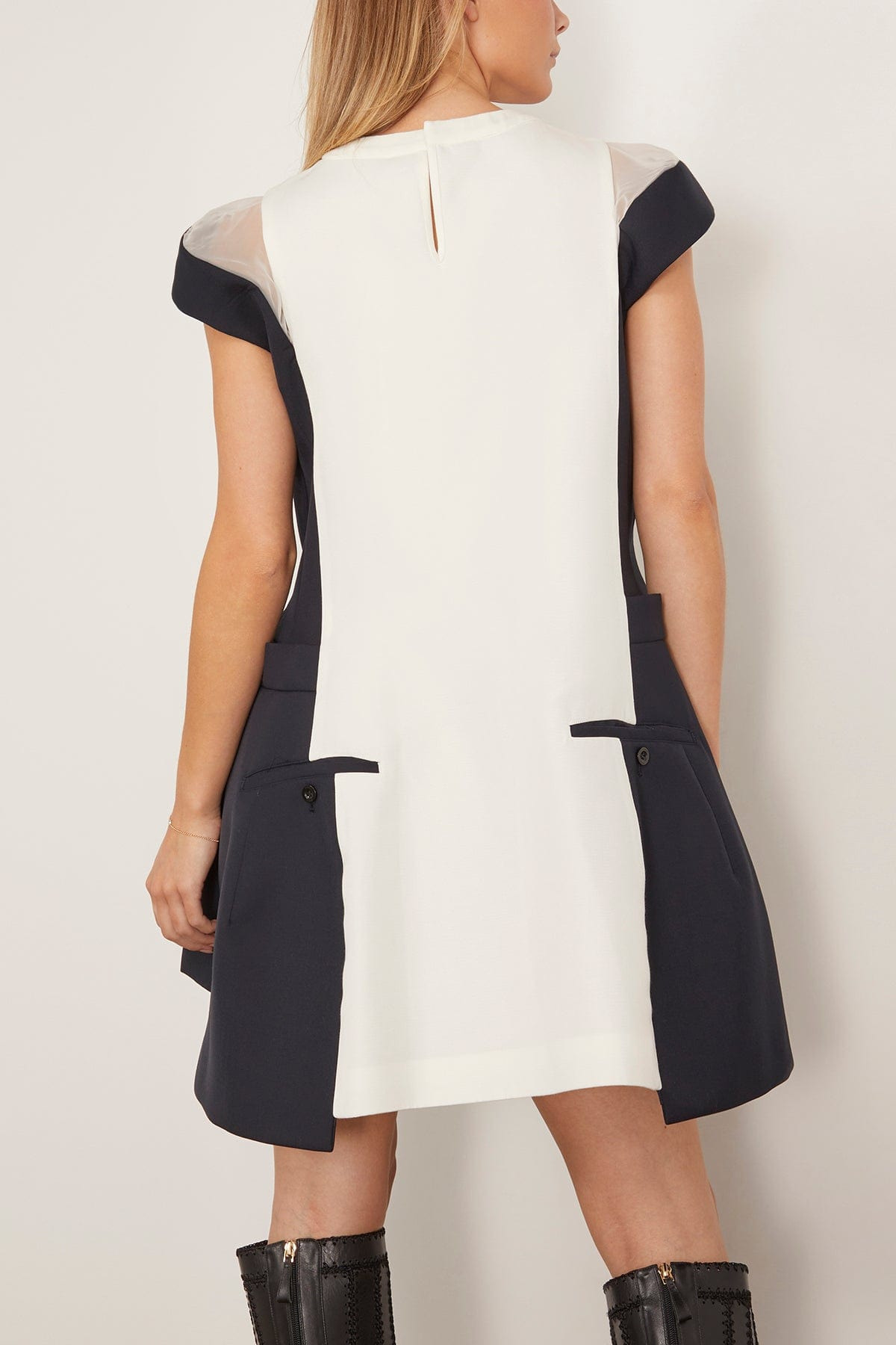 Double-Faced Silk Cotton Dress in Off White and Navy - 4