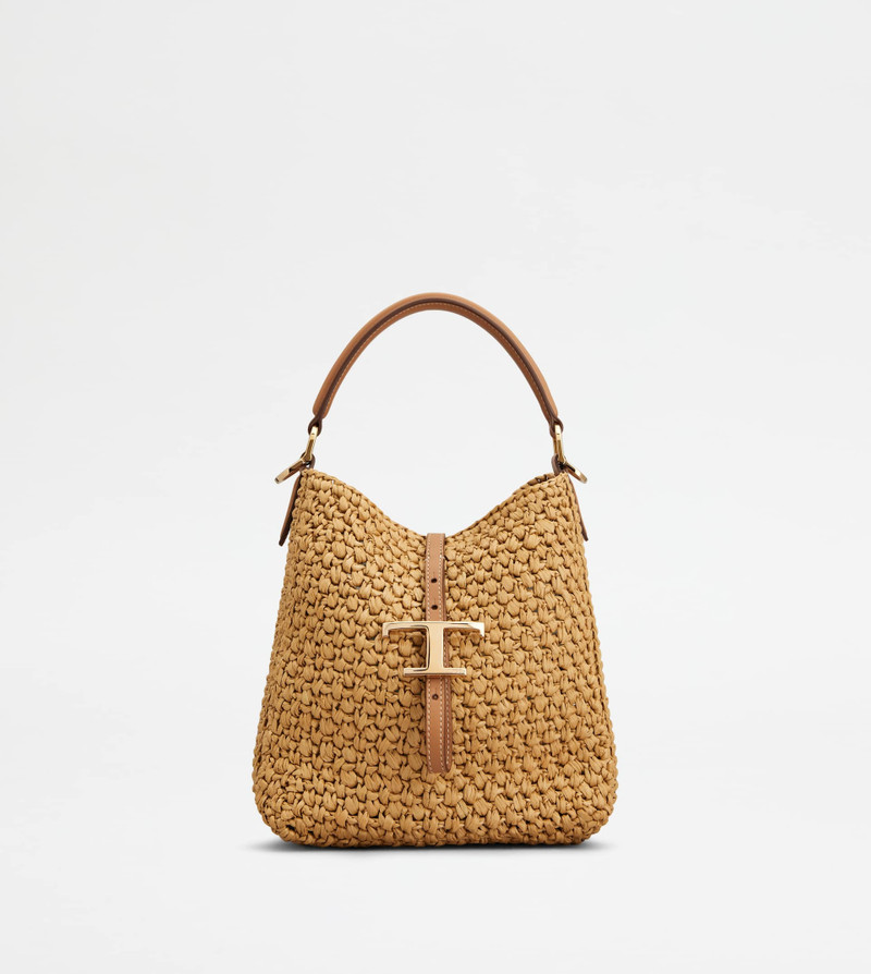 T TIMELESS BUCKET BAG IN RAFFIA AND LEATHER MINI - BROWN 1