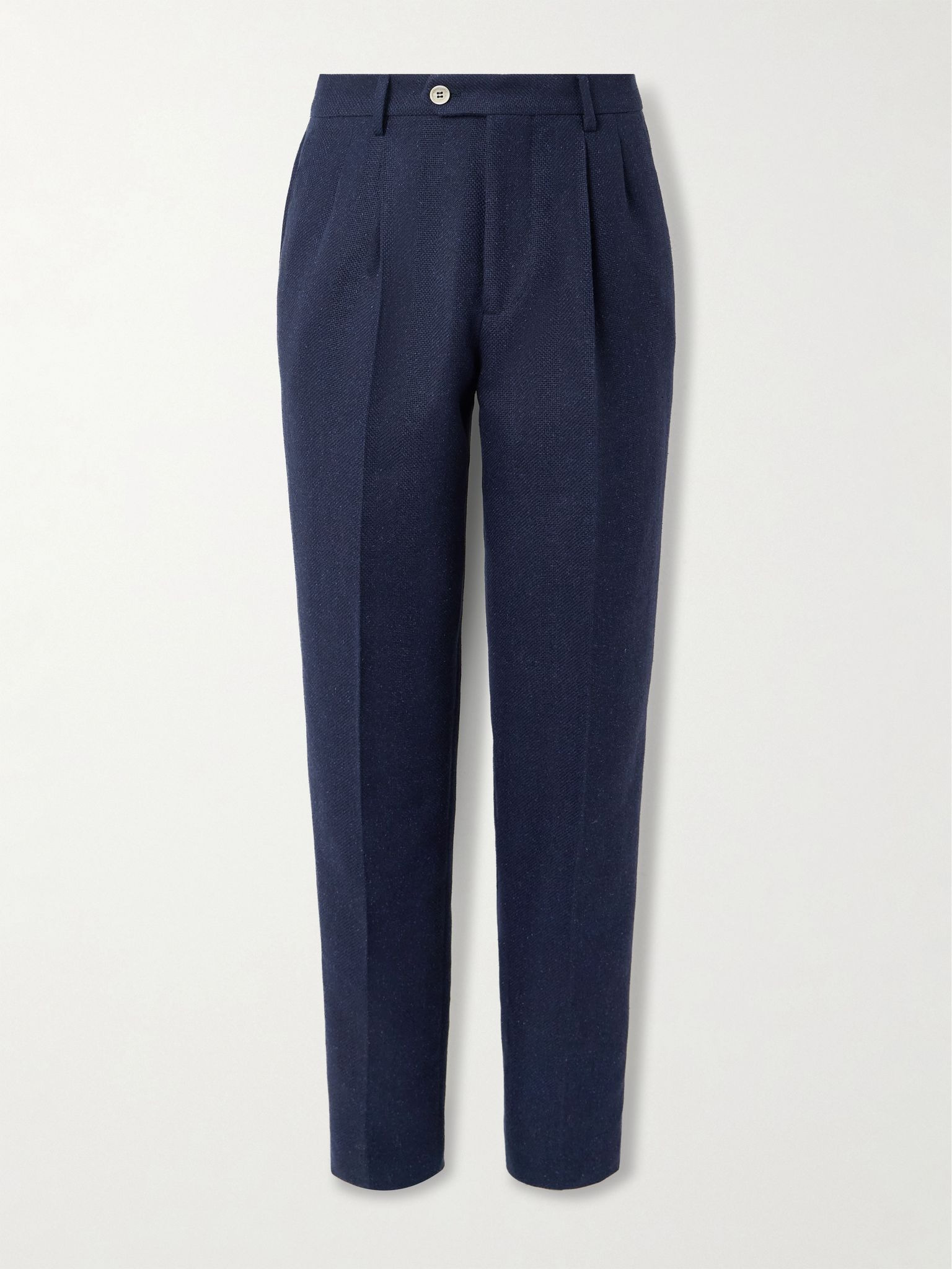 Tapered Pleated Striped Linen, Silk, Wool and Cotton-Blend Suit Trousers Navy - 1