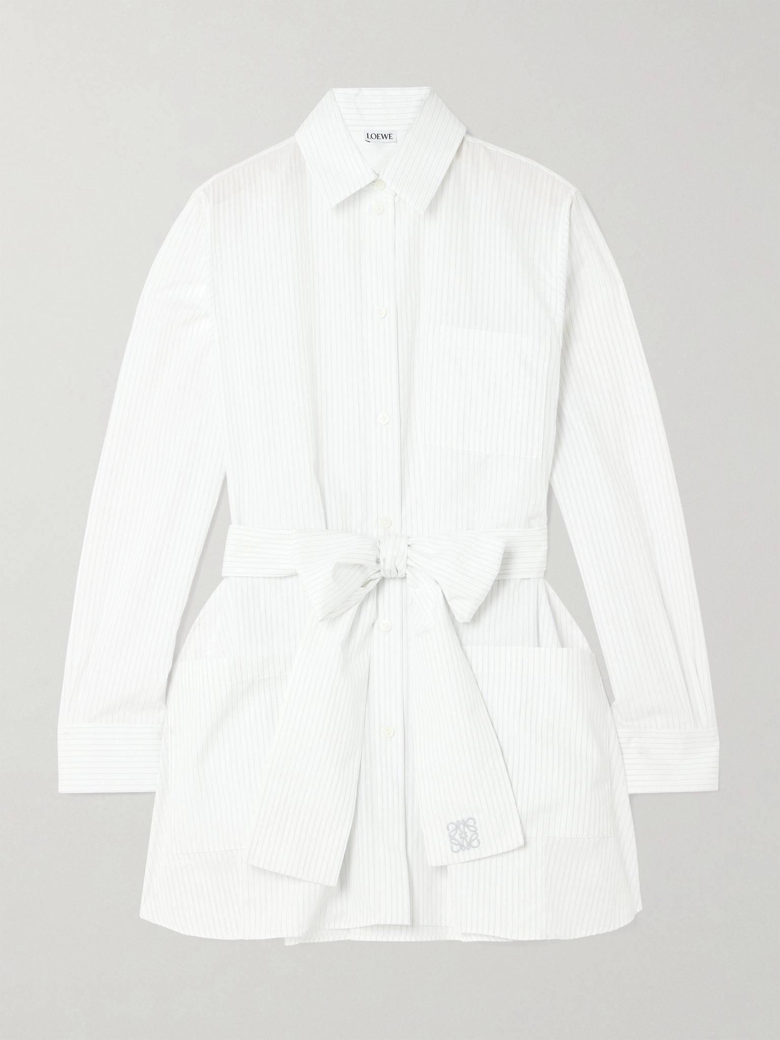 Belted embroidered pinstriped cotton-poplin shirt White - 1