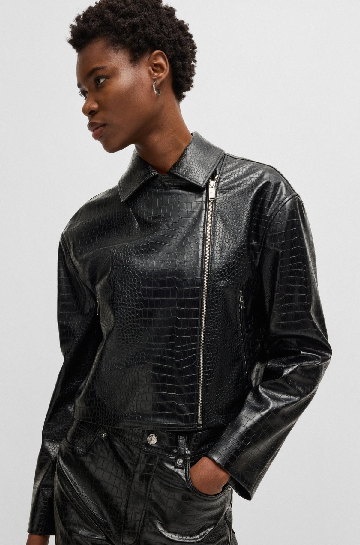 CROCODILE-EMBOSSED BIKER JACKET IN FAUX LEATHER - 5