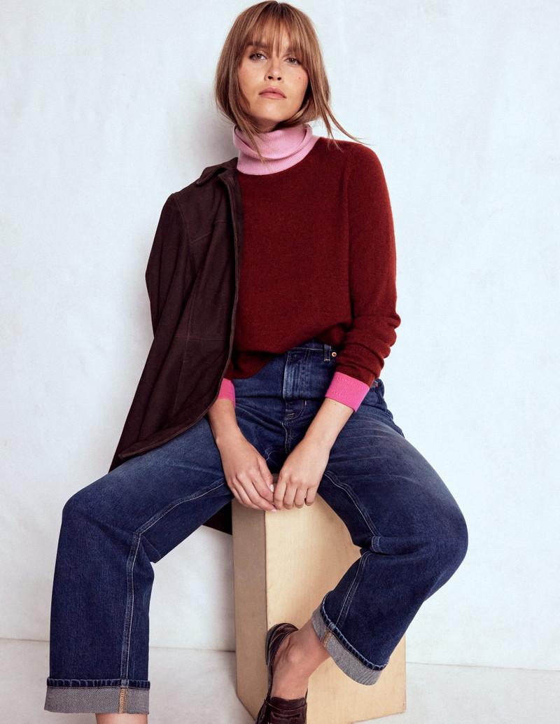 Eva Cashmere Roll Neck Sweater-Chestnut, Colour Block 1