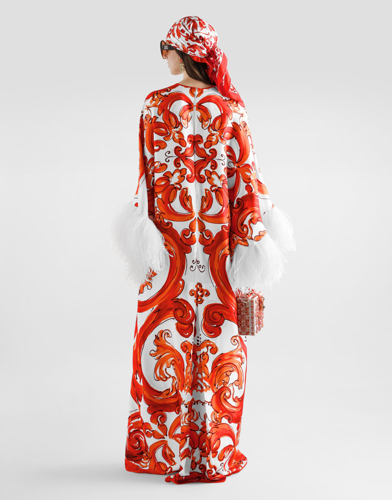 Majolica-print long kaftan dress with feather trim 3