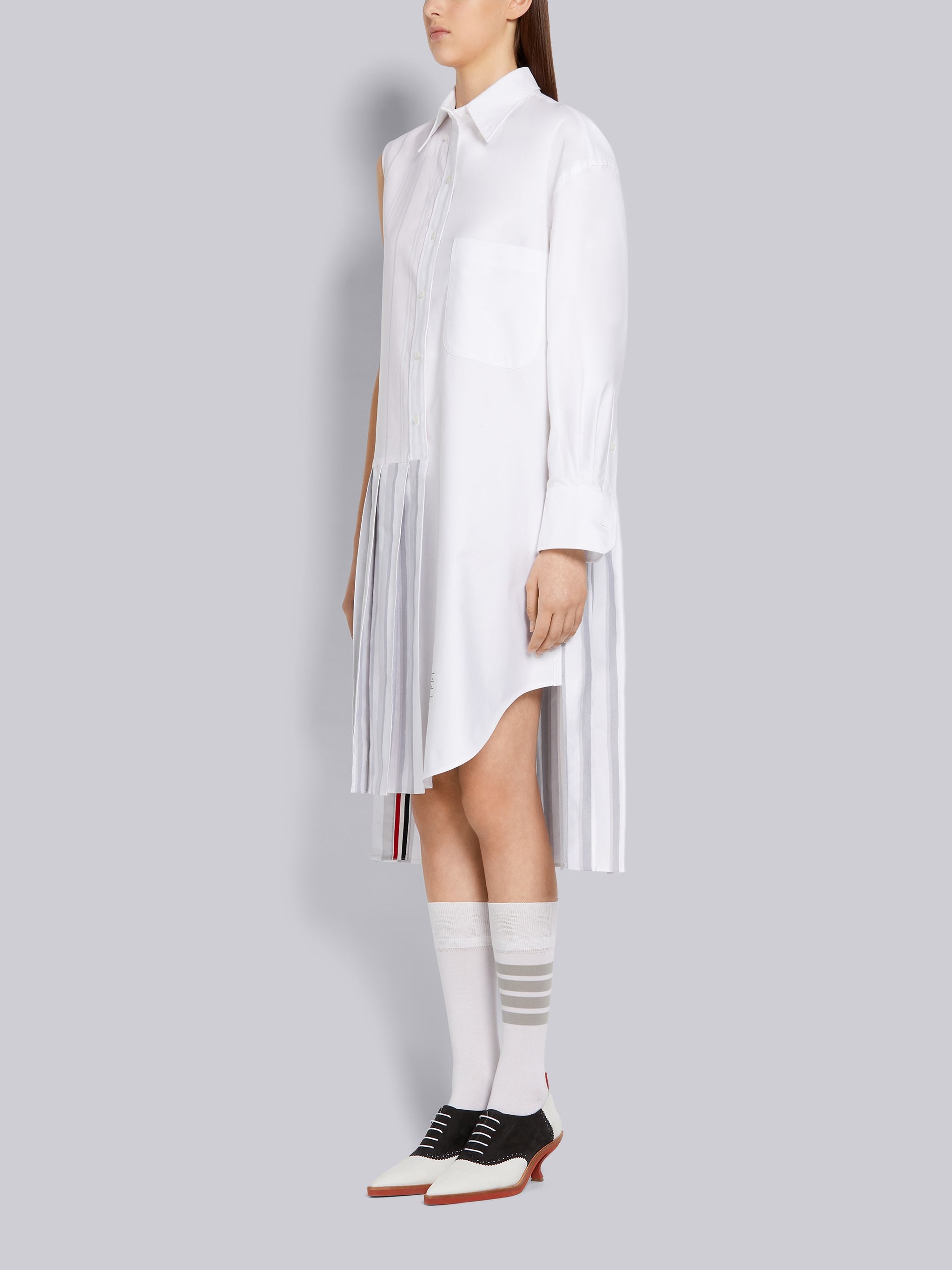 Medium Grey Alternating Wide Stripe Oxford 2-in-1 Pleated Bottom Circle Shirtdress - 2