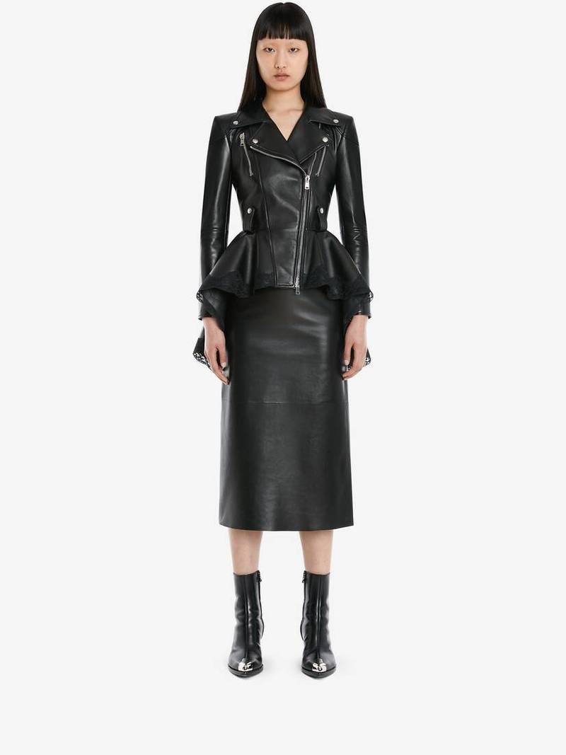 Alexander McQueen Leather Peplum Biker Jacket in Black outlook