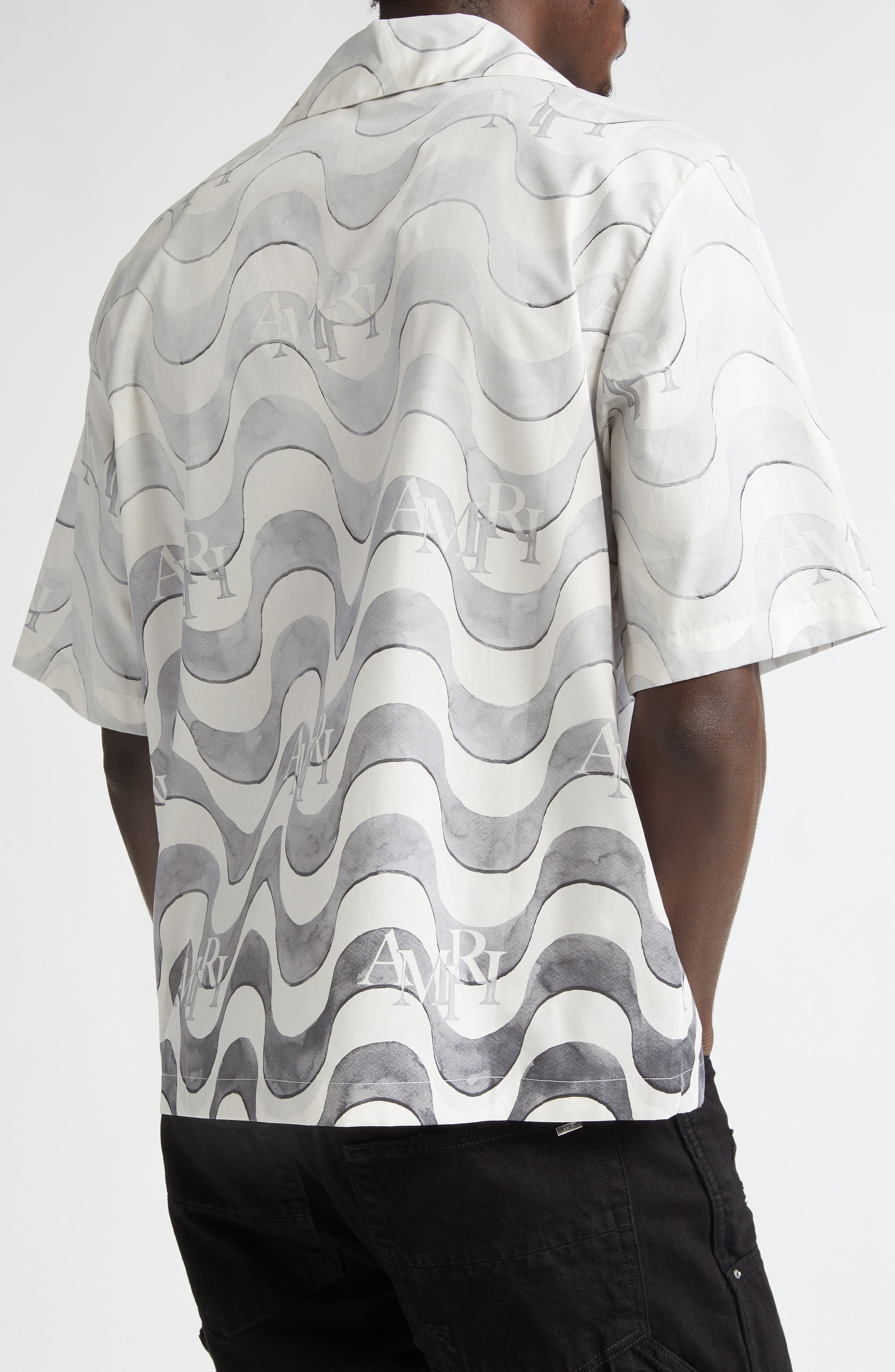 AMIRI Staggered Logo Wave Cotton Camp Shirt in Grey at Nordstrom - 3