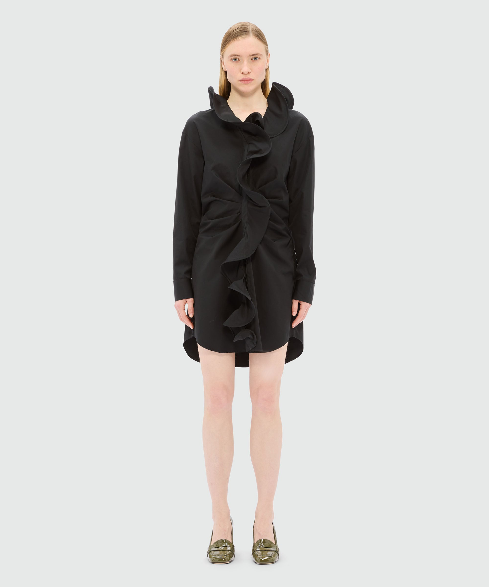 Black poplin shirt dress with ruffles - 2