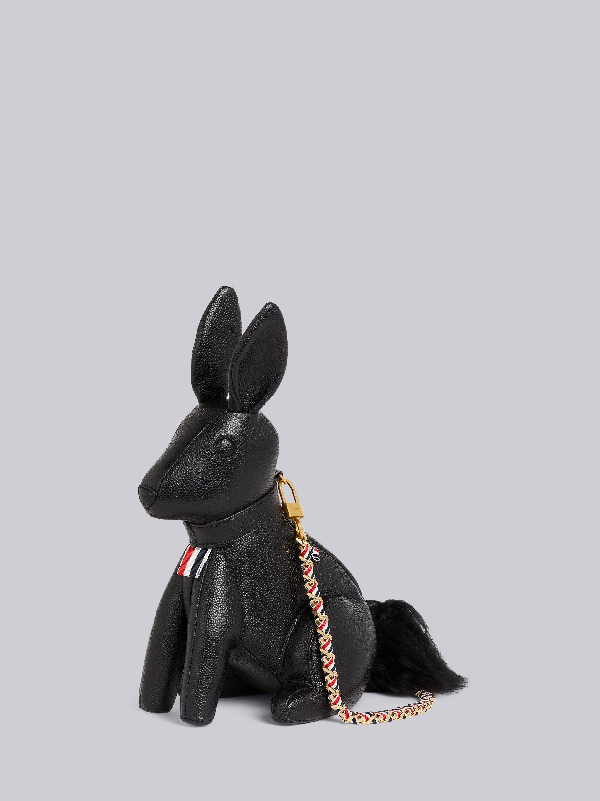 Black Pebbled Calfskin Small Grosgrain Woven Chain Rabbit Bag - 3
