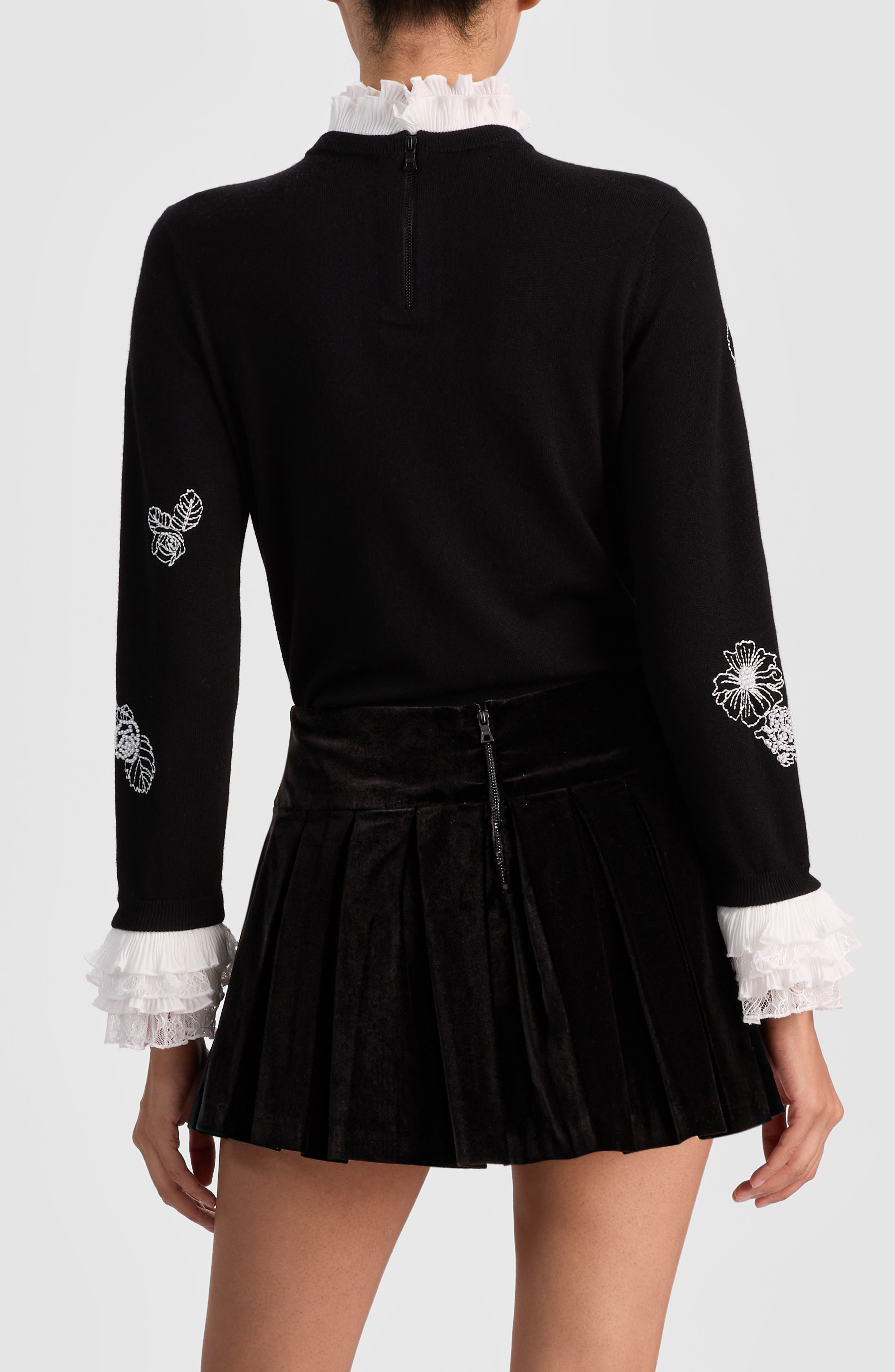 Alice + Olivia Carolann Embroidered Stretch Wool Sweater in Black/White at Nordstrom - 2