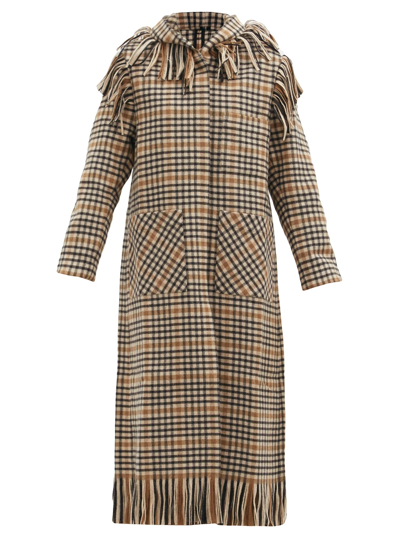 Fringed checked wool-blend hooded coat - 1