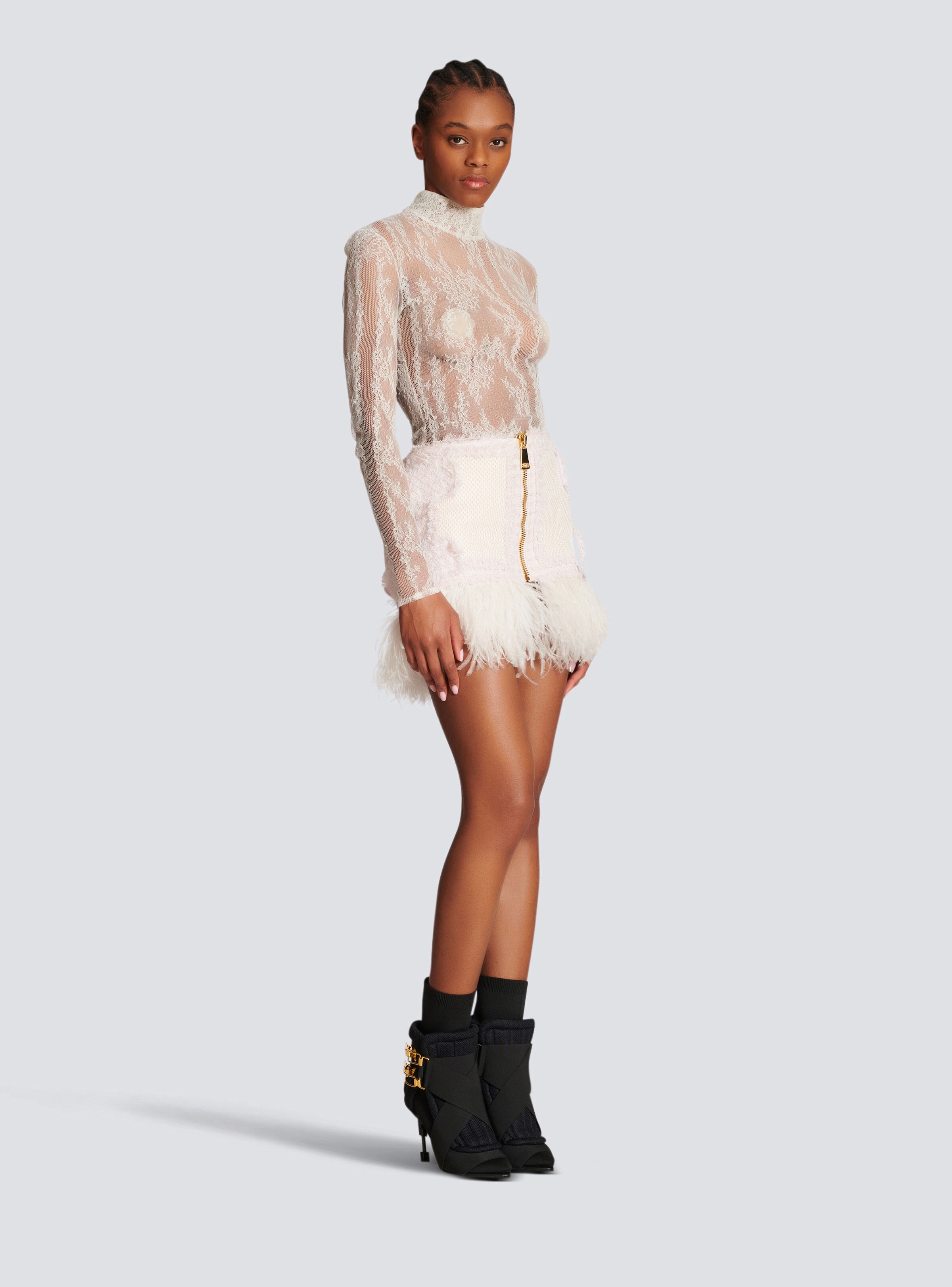 Short feather skirt in tweed and mesh - 3