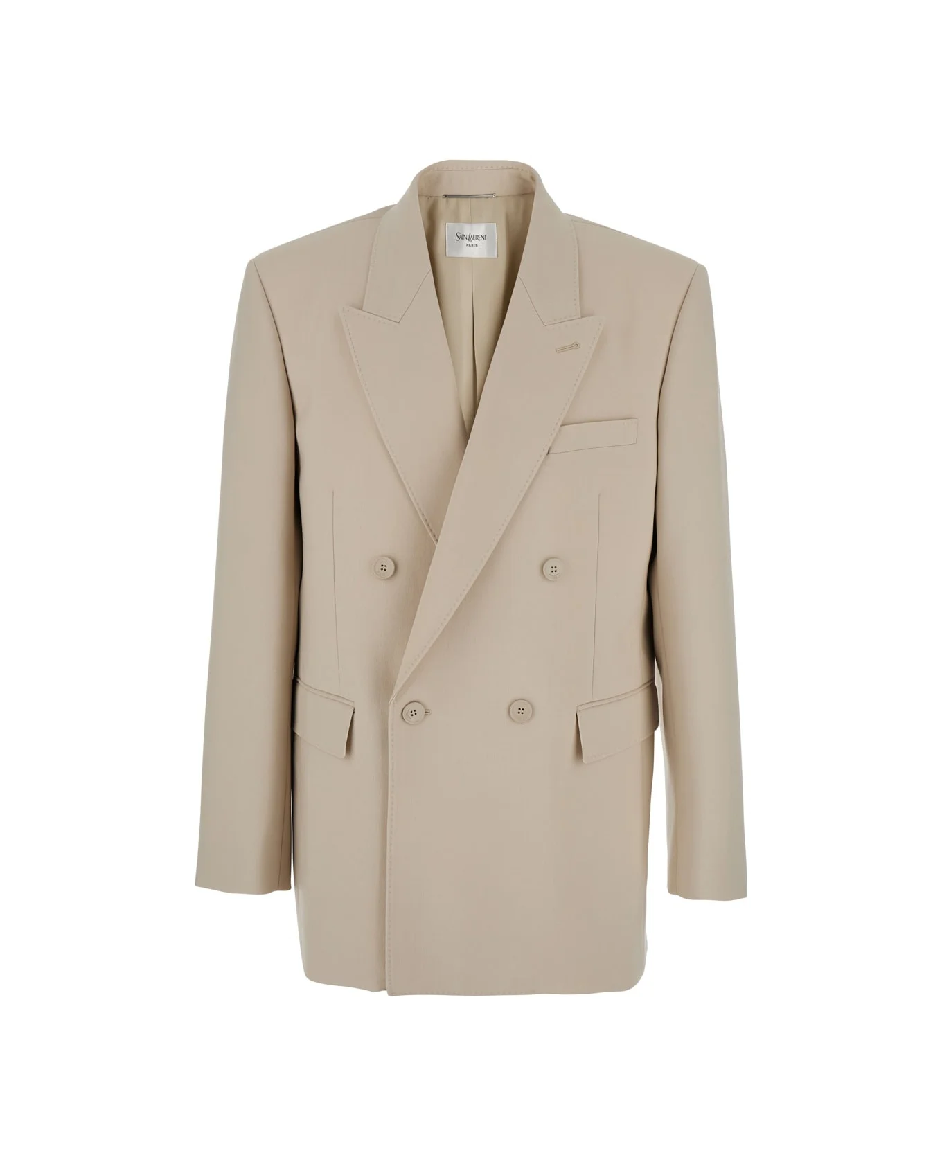 Beige Double-breasted Jacket With Peak Revers In Wool Man - 1