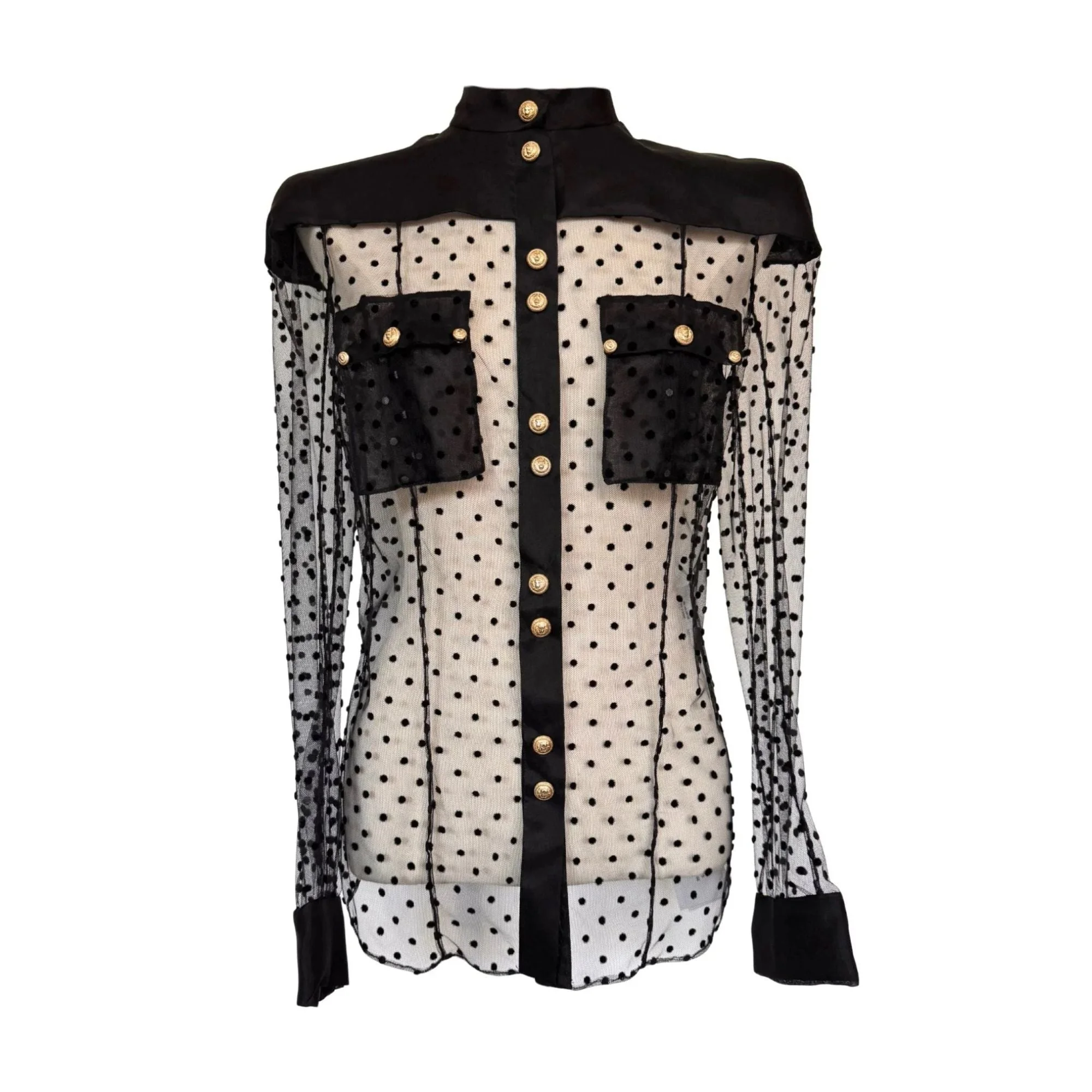 Long Sleeve Black Polka Dot Silk Shirt with Gold Buttons - 1