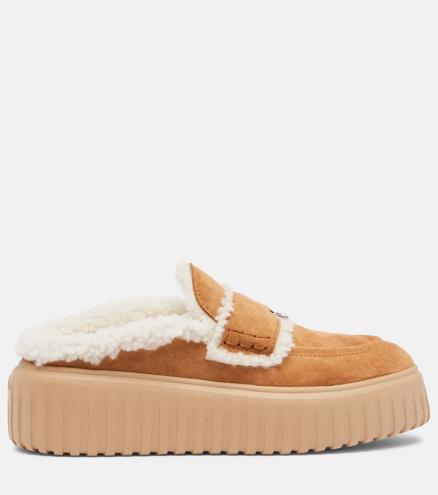 Shearling-trimmed suede slippers - 4