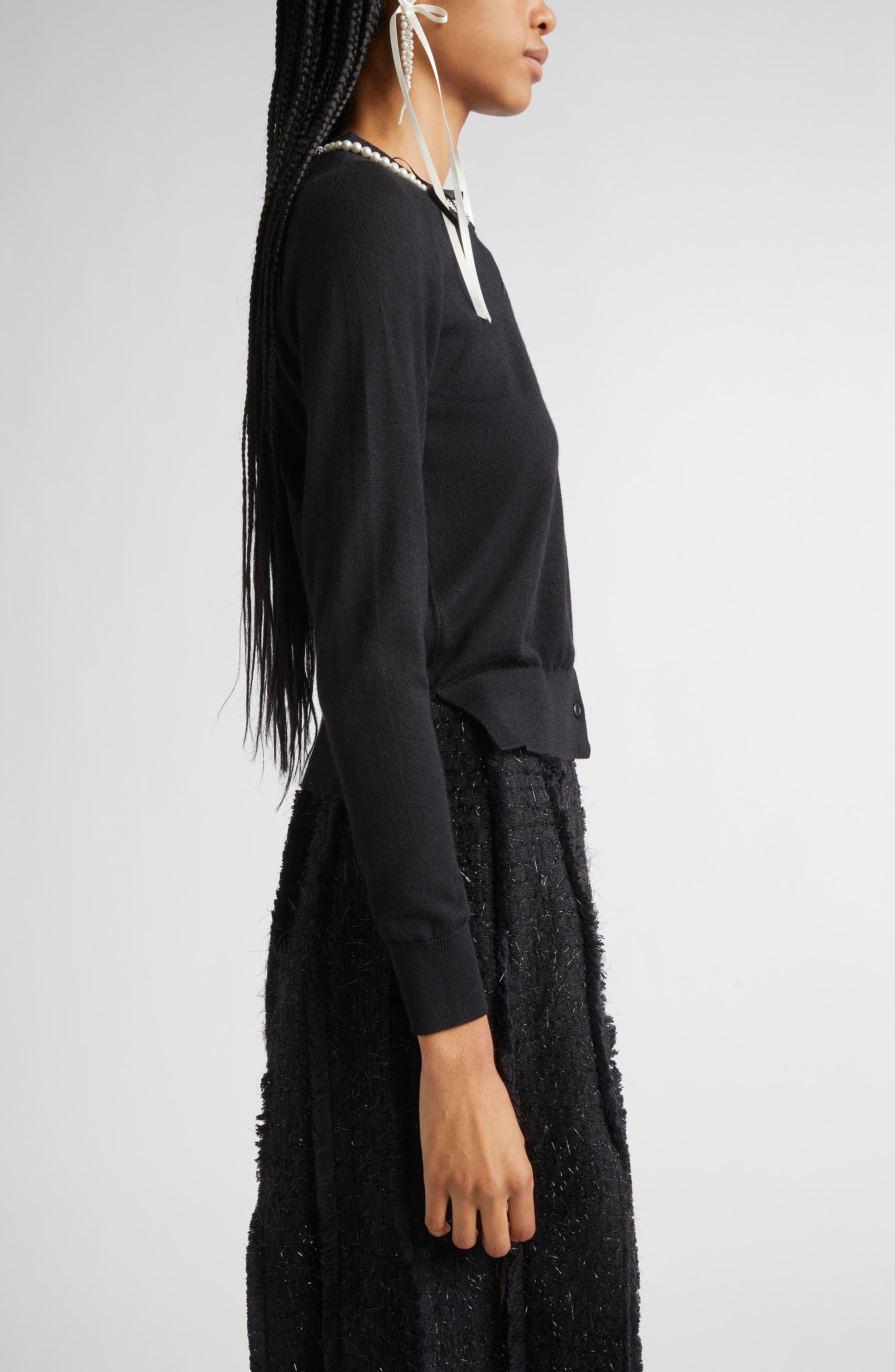 Simone Rocha Classic Long Sleeve Merino Wool & Silk Cardigan with Faux Pearl Detail in Black/Pearl a - 4