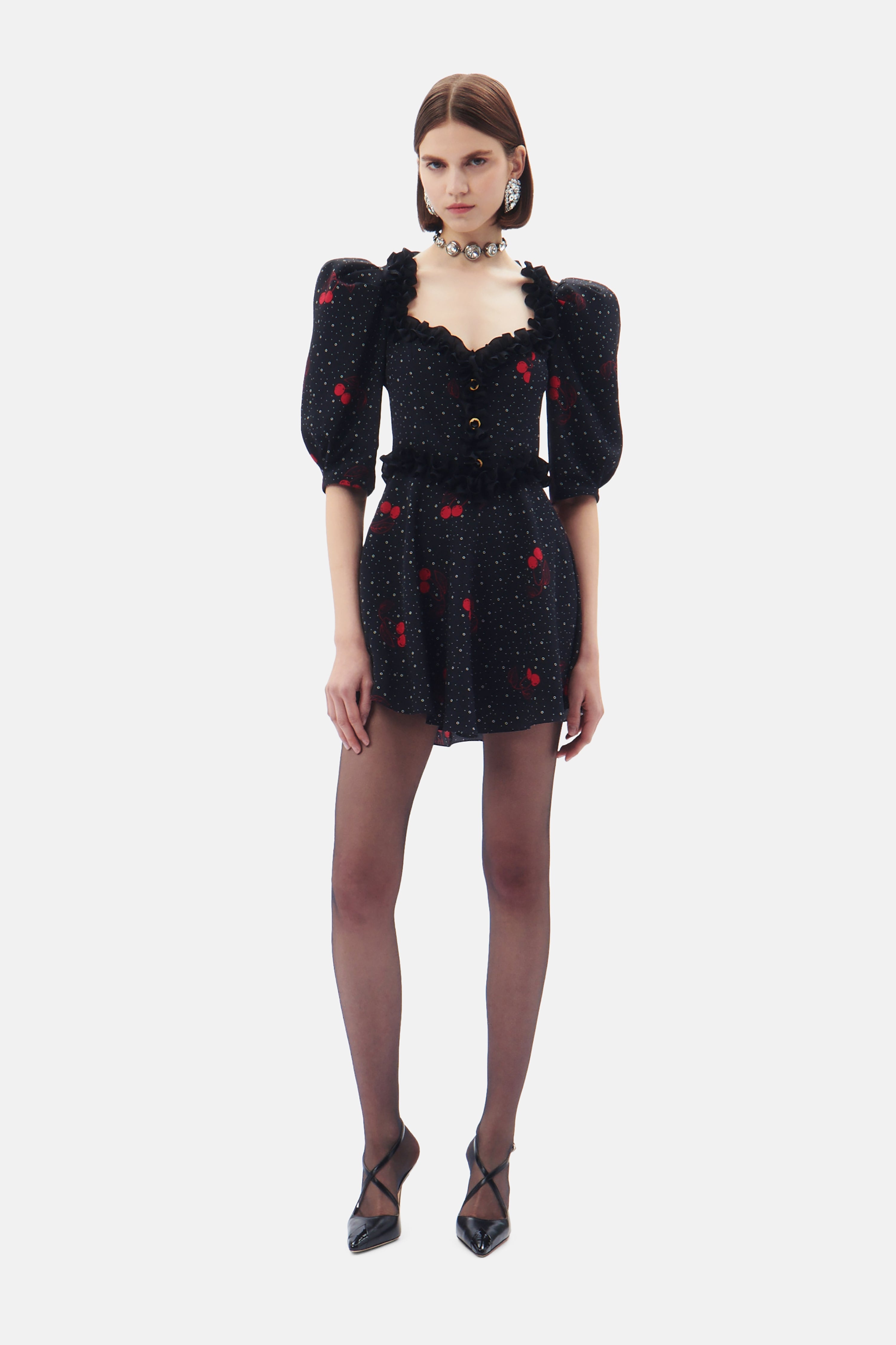 CHERRY PRINT SILK MINI DRESS WITH RUFFLE DETAILS - 4
