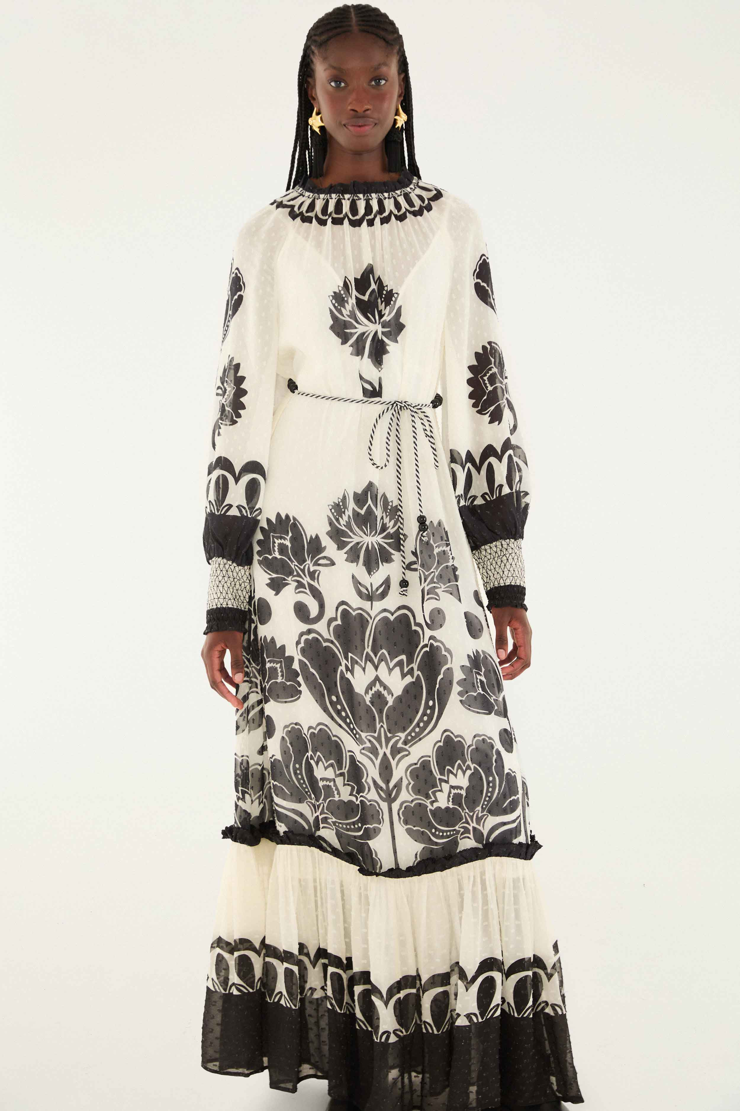 Cream Floral Arabesque Rope Belt Maxi Dress - 2