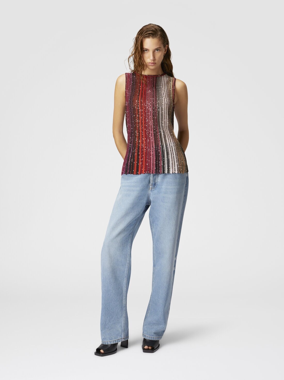 Partial striped sleeveless top with sequins - 2