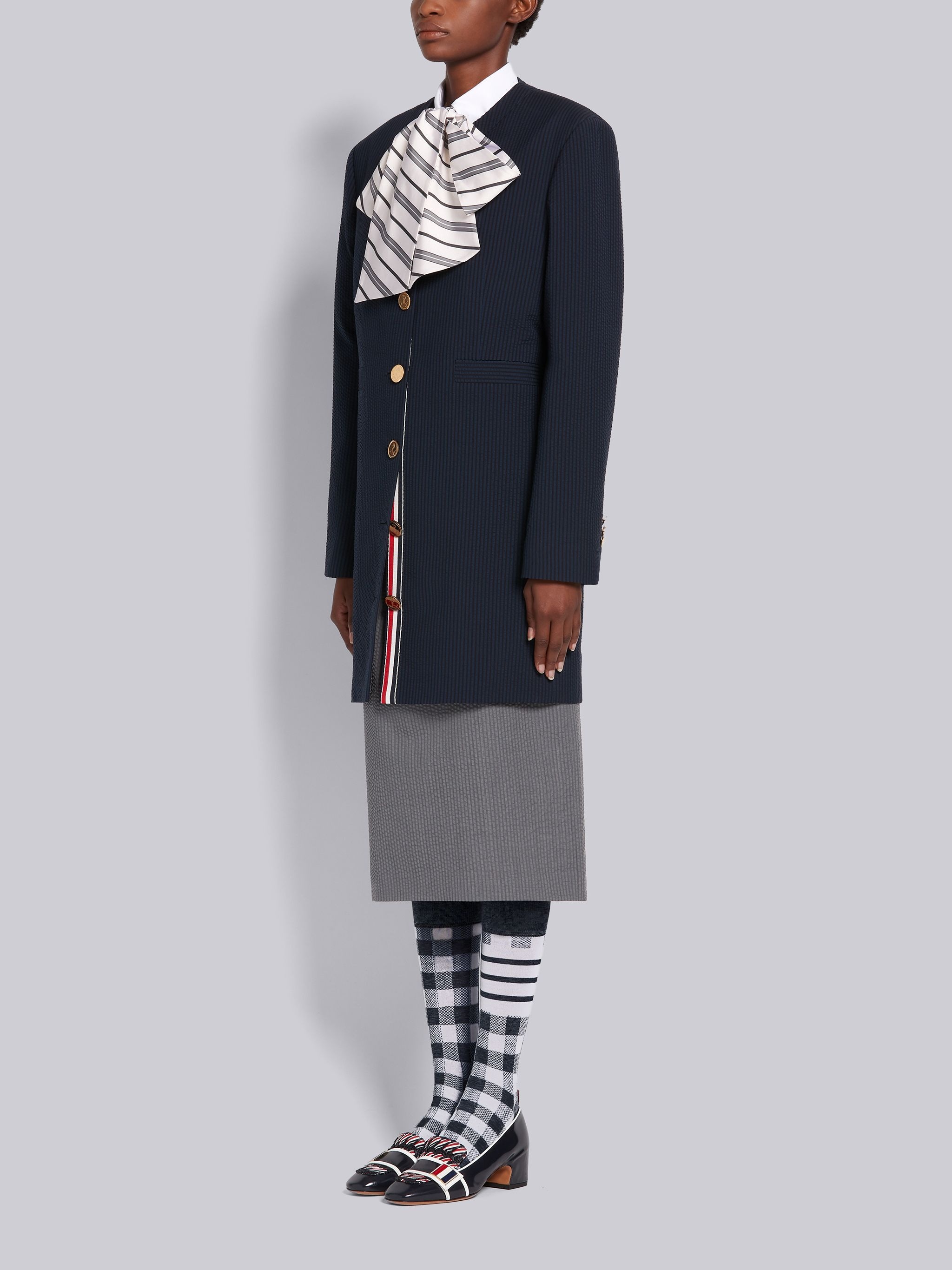 Navy Wool Seersucker Crewneck Cardigan Mini Coat - 2
