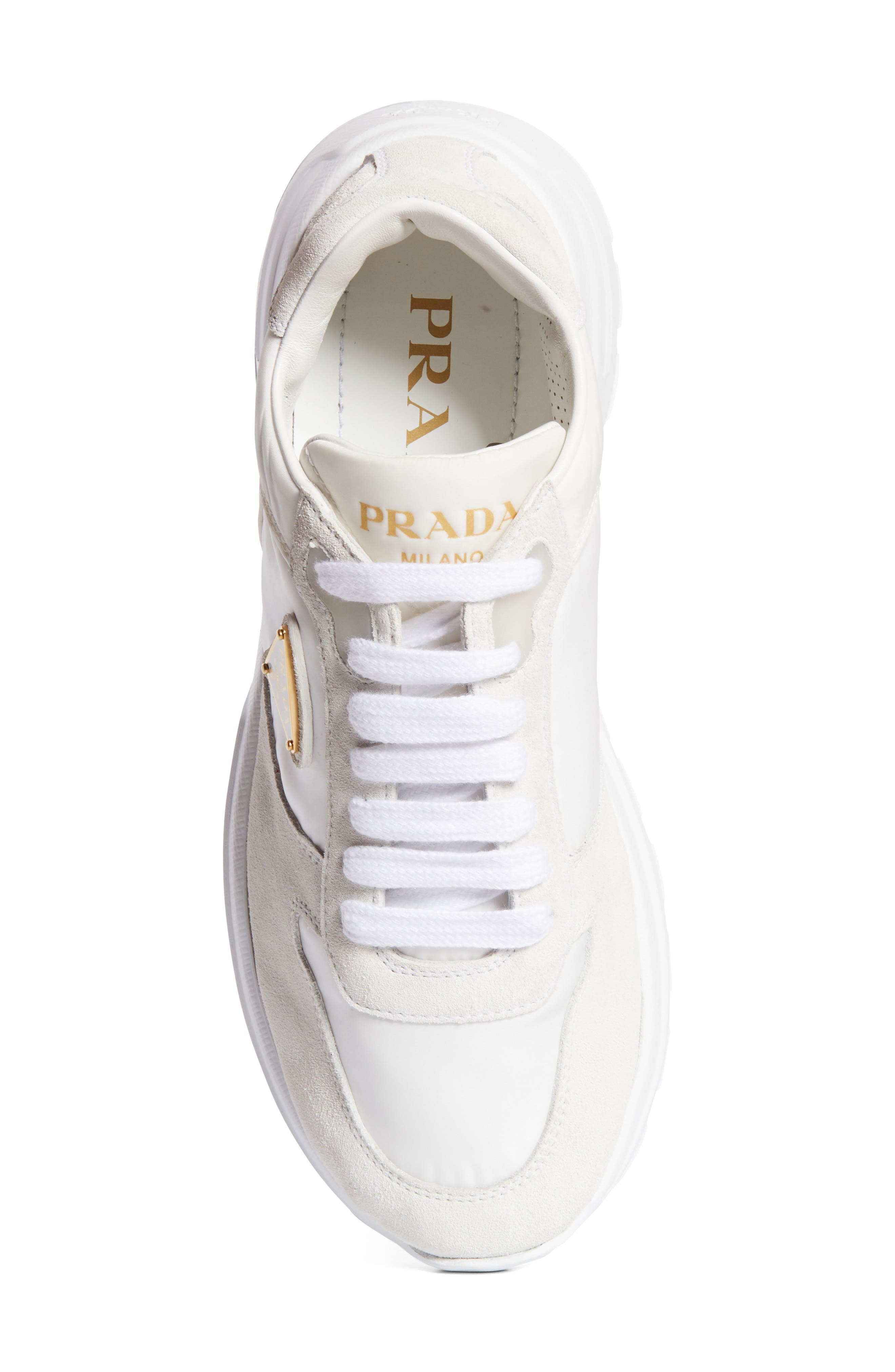 Prada Prax Nylon & Suede Sneaker in Bianco at Nordstrom - 5