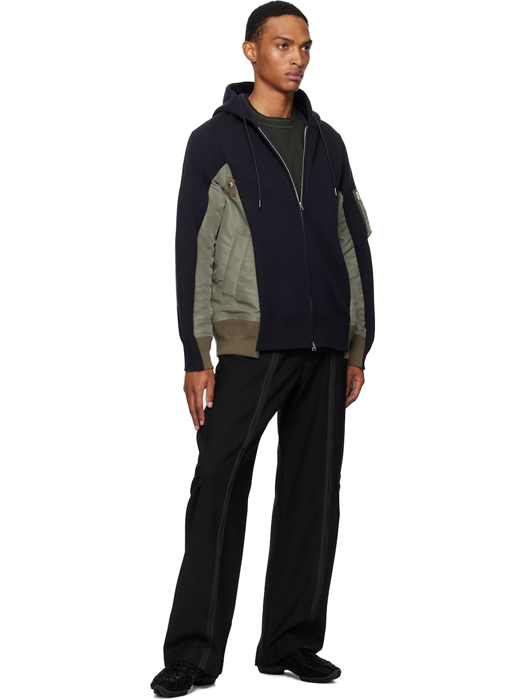 Navy & Khaki Sponge Sweat & Nylon Twill Hoodie - 4