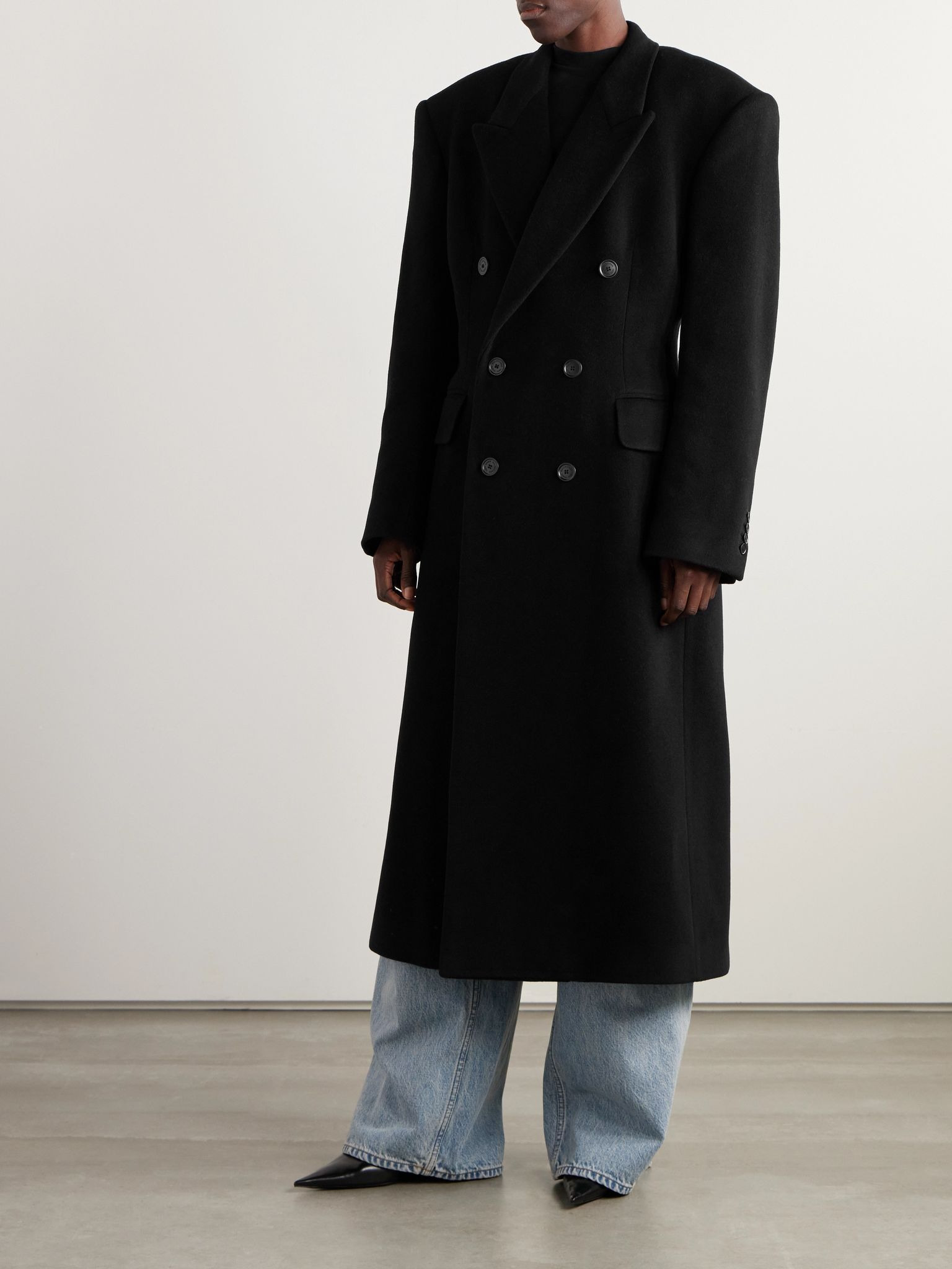 Double-breasted oversized cashmere and wool-blend coat Black - 3